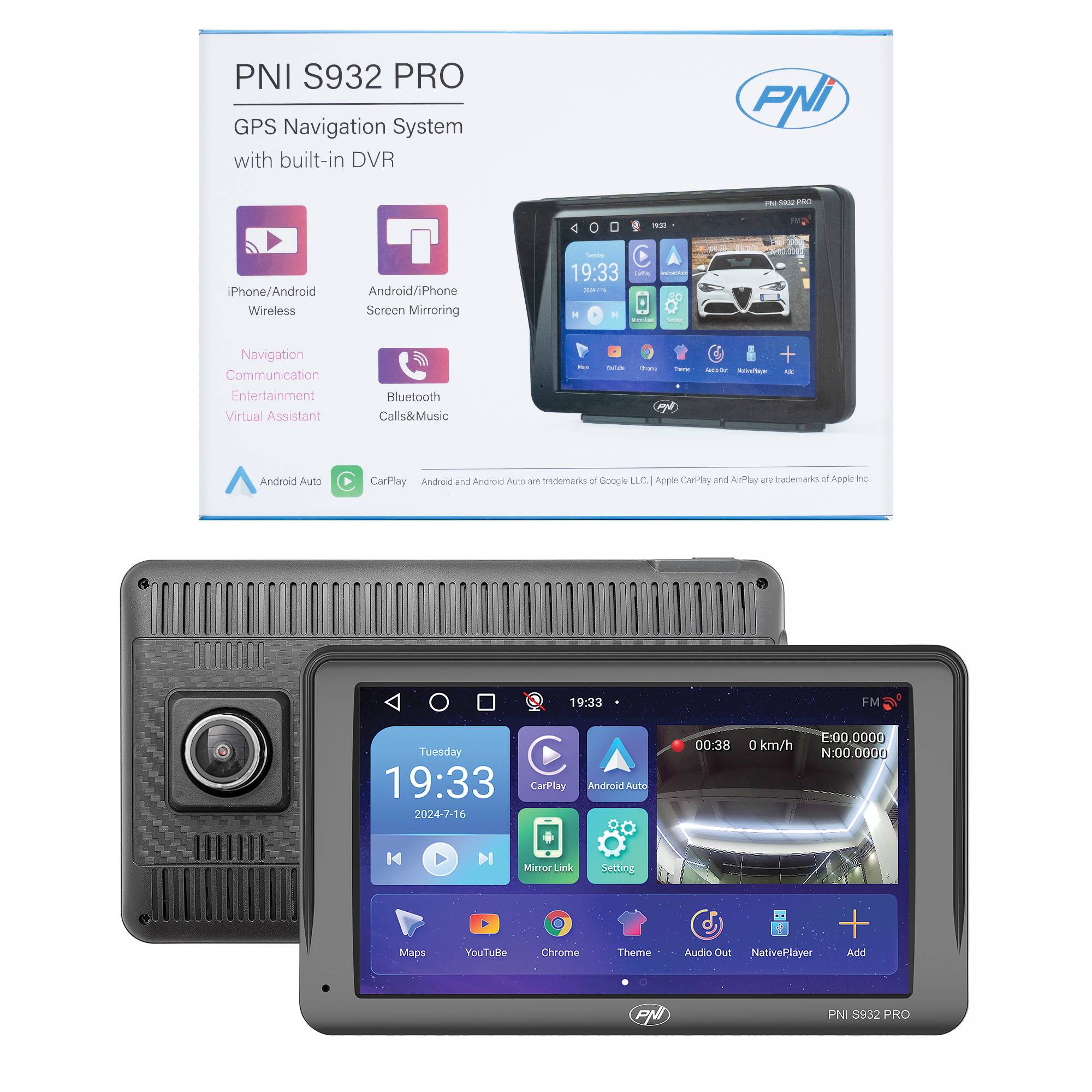 GPS-Navigationssystem mit integriertem DVR PNI S932 PRO 7-Zoll-Bildschirm, 32 GB Speicher, 2 GB DDR3 RAM, Android 13, FM-Transmitter, Mirror Link