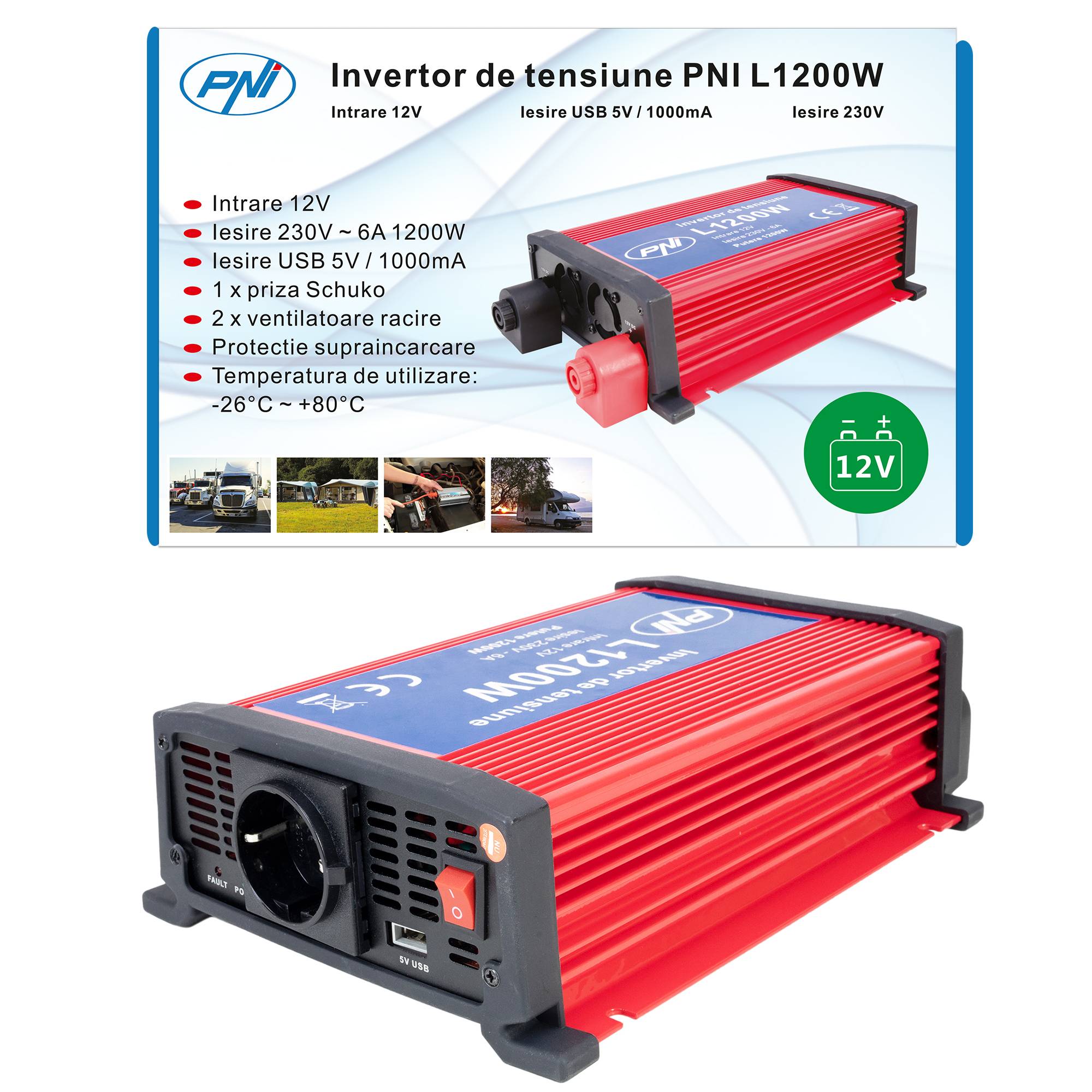 PNI Spannungswandler L1200W Spannungsversorgung 12V 230V Ausgang