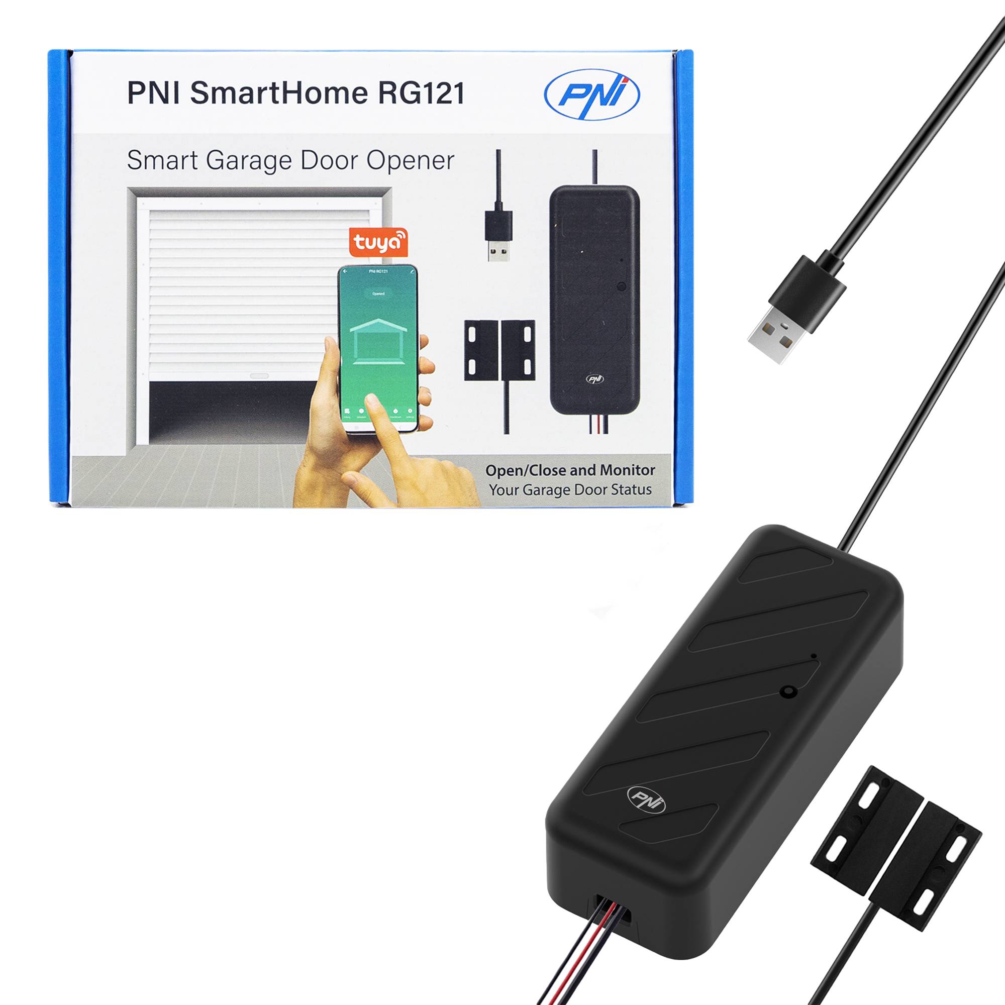 Intelligentes Relais PNI SmartHome RG121 mit WLAN zur Steuerung der Garagentor-/Toröffnung, kompatibel mit der Tuya-Anwendung, 5-V-Stromversorgung