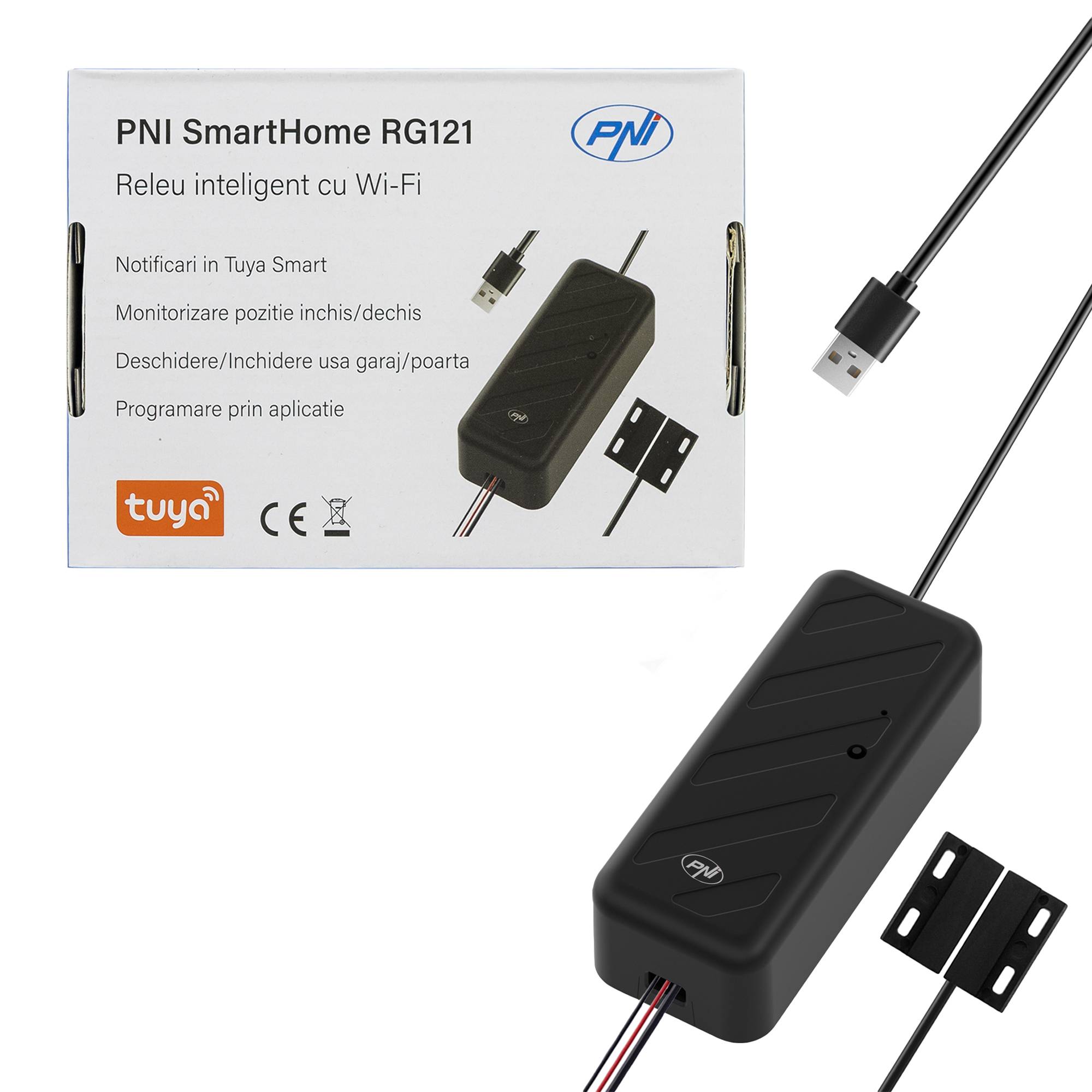 Intelligentes Relais PNI SmartHome RG121 mit WLAN zur Steuerung der Garagentor-/Toröffnung, kompatibel mit der Tuya-Anwendung, 5-V-Stromversorgung