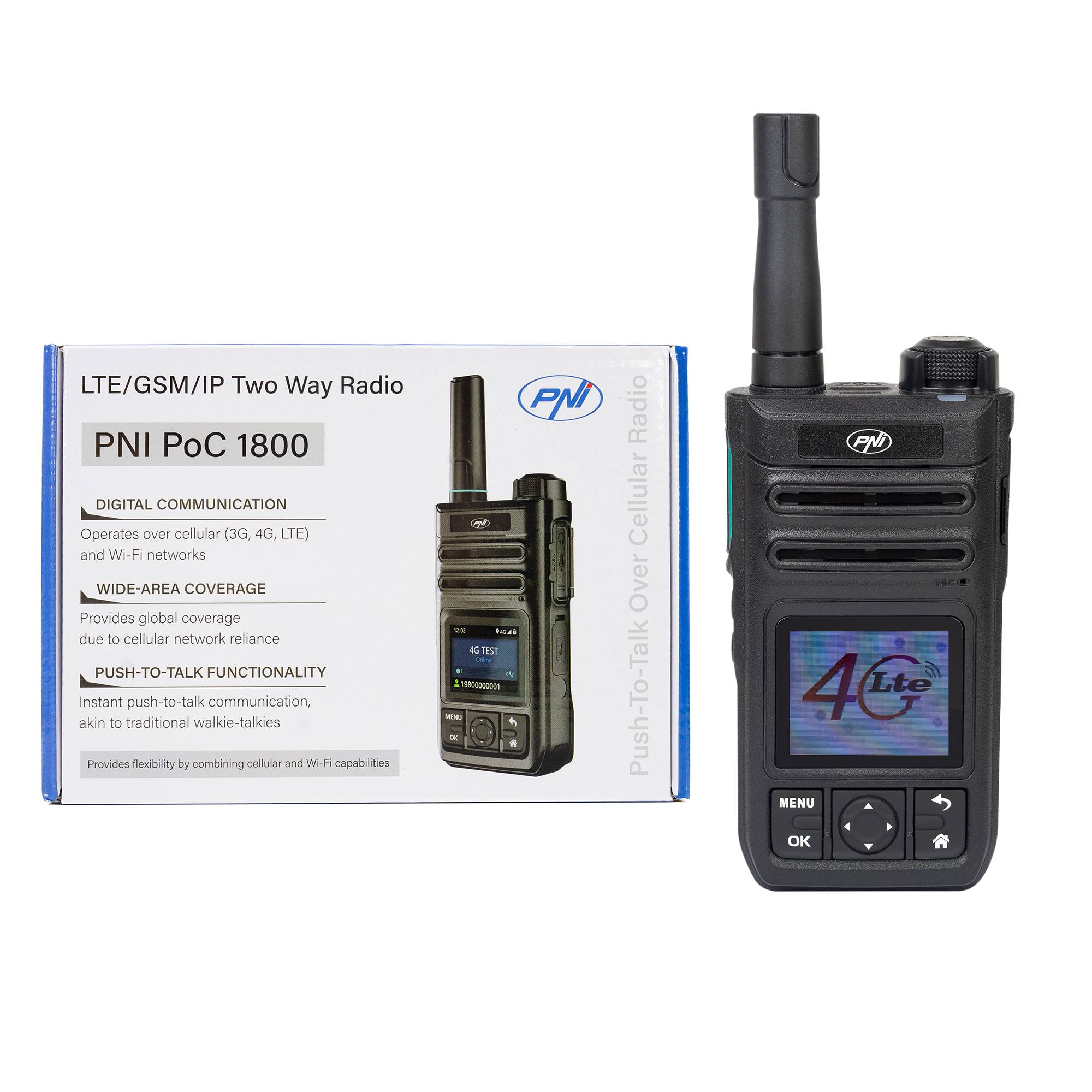 Tragbarer Radiosender PNI PoC 1800, GSM 4G LTE, Wi-Fi 2,4 GHz, Android OS, 1,77 Zoll Farbbildschirm, Li-Ion 4400 mAh Akku, IP54