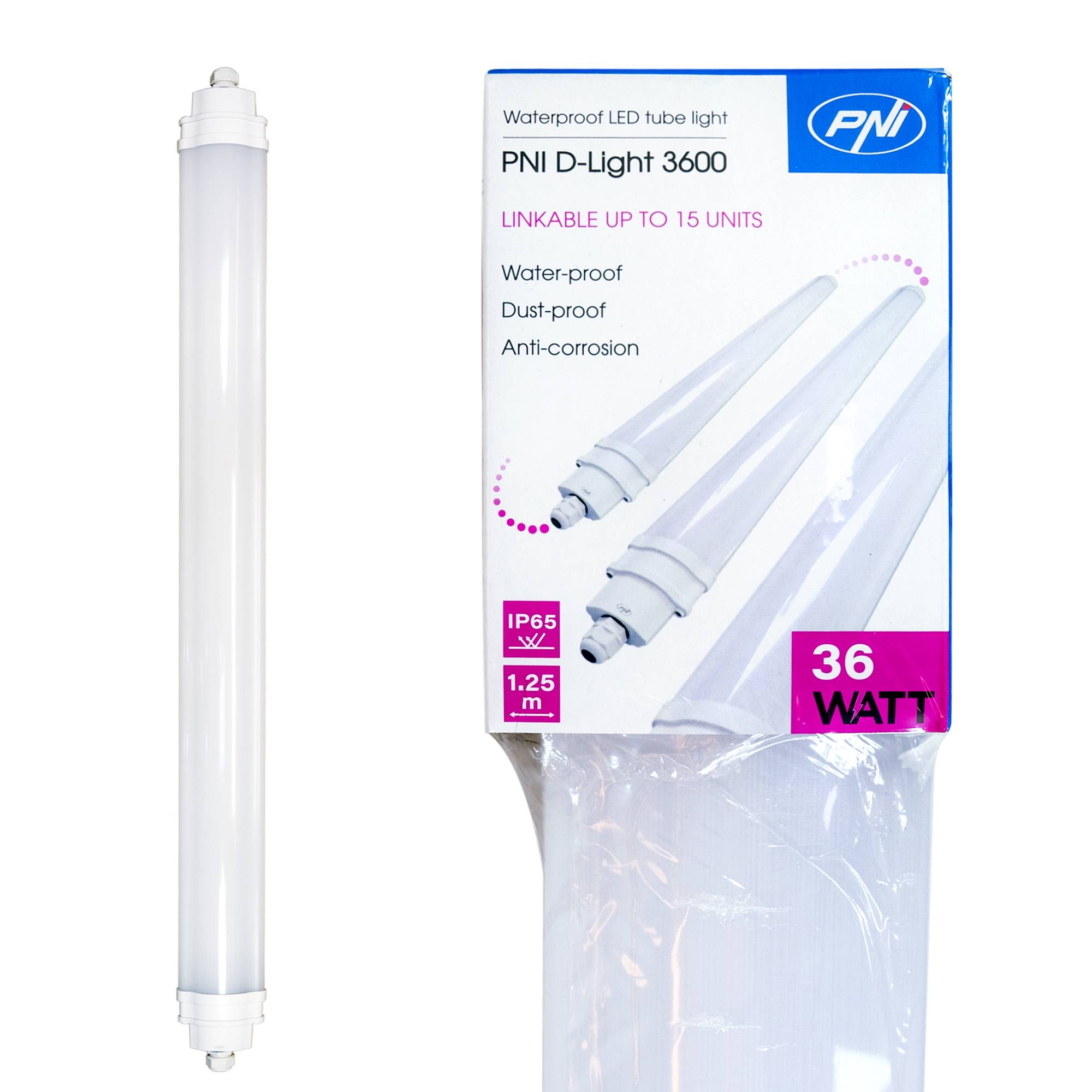 LED-Linearleuchte PNI D-Light 3600, 36 W, 6500 K, versiegelt IP65, mit Schutz gegen Wasser, Staub und Korrosion, für Industriebeleuchtung, Tunnel