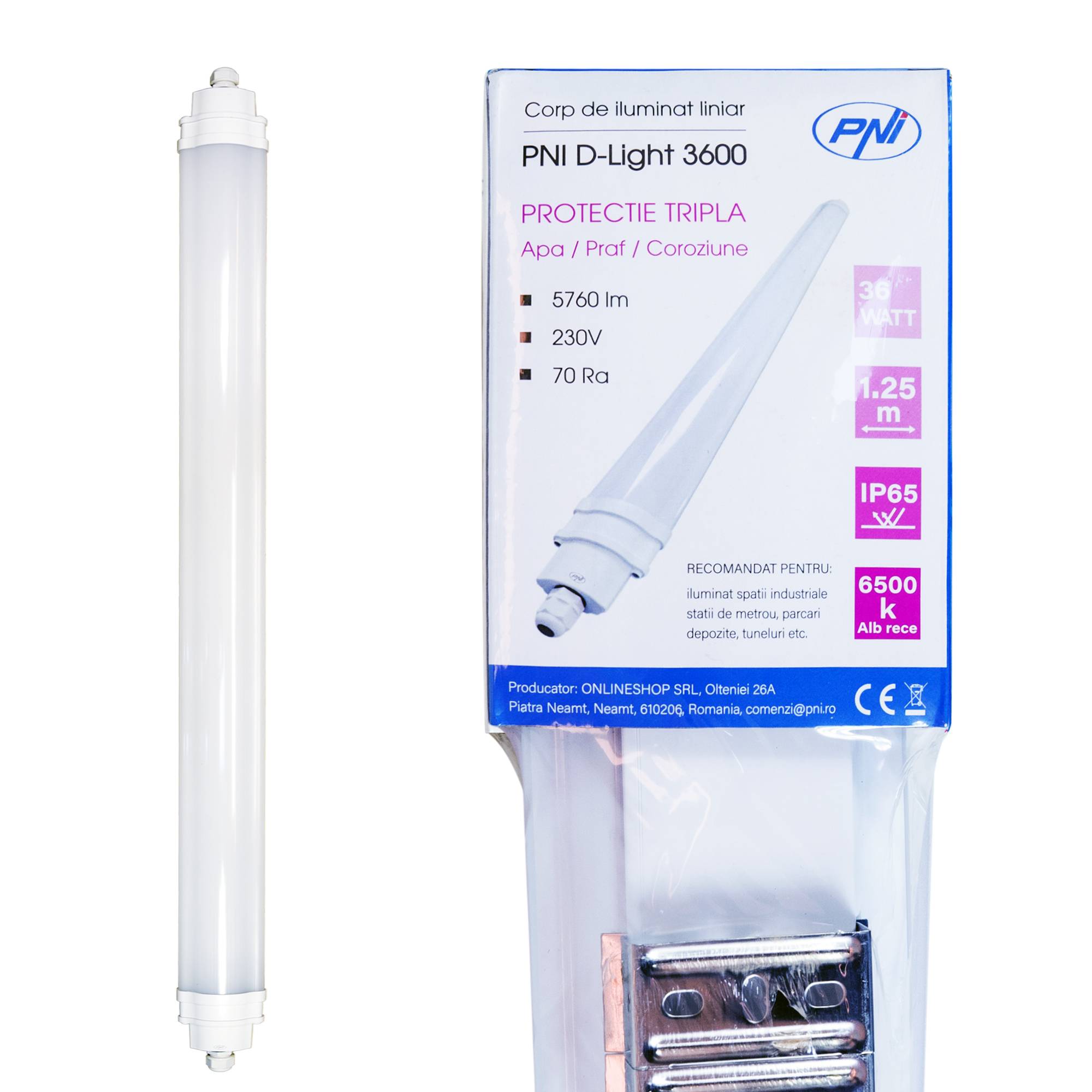 LED-Linearleuchte PNI D-Light 3600, 36 W, 6500 K, versiegelt IP65, mit Schutz gegen Wasser, Staub und Korrosion, für Industriebeleuchtung, Tunnel