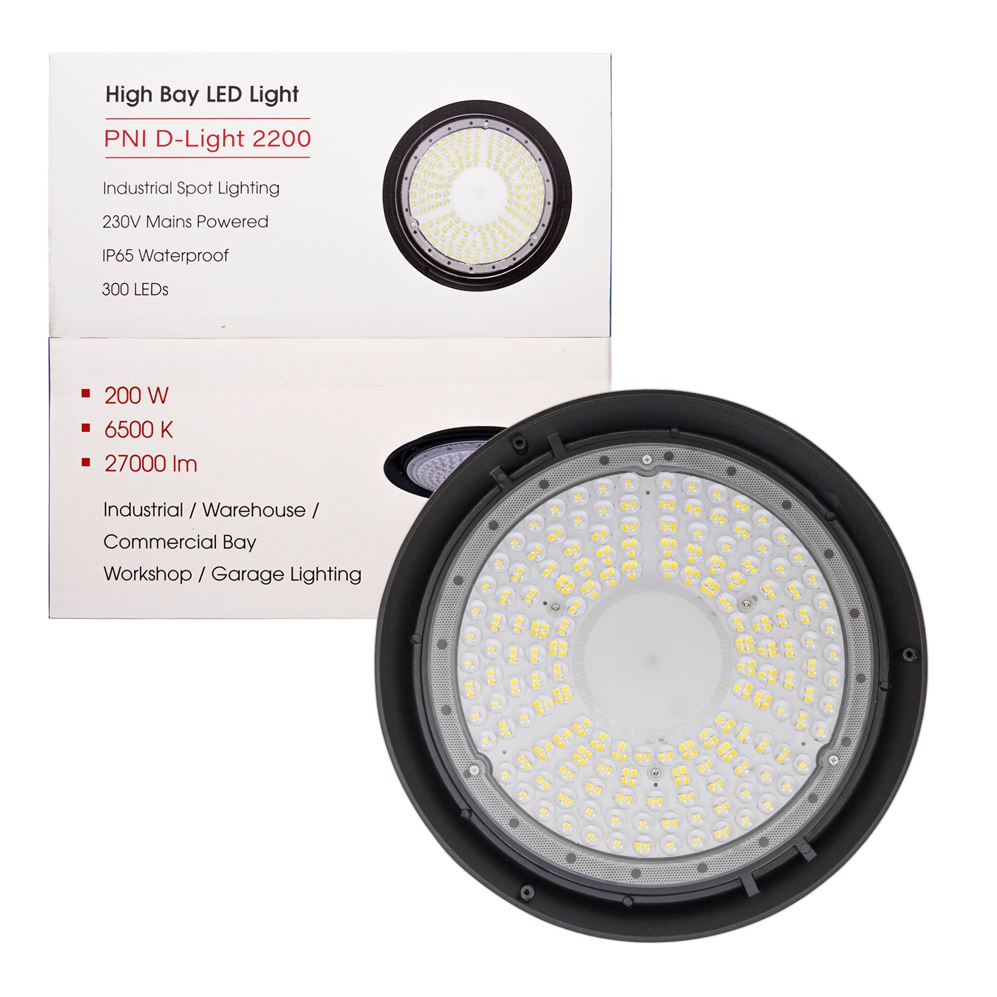 PNI D-Light 2200 LED-Lampe Typ High Bay, 200 W, 27000 lm, rund 32 cm, 6500 K, 230 V Stromversorgung, IP65, für Industriebeleuchtung in großen Räume