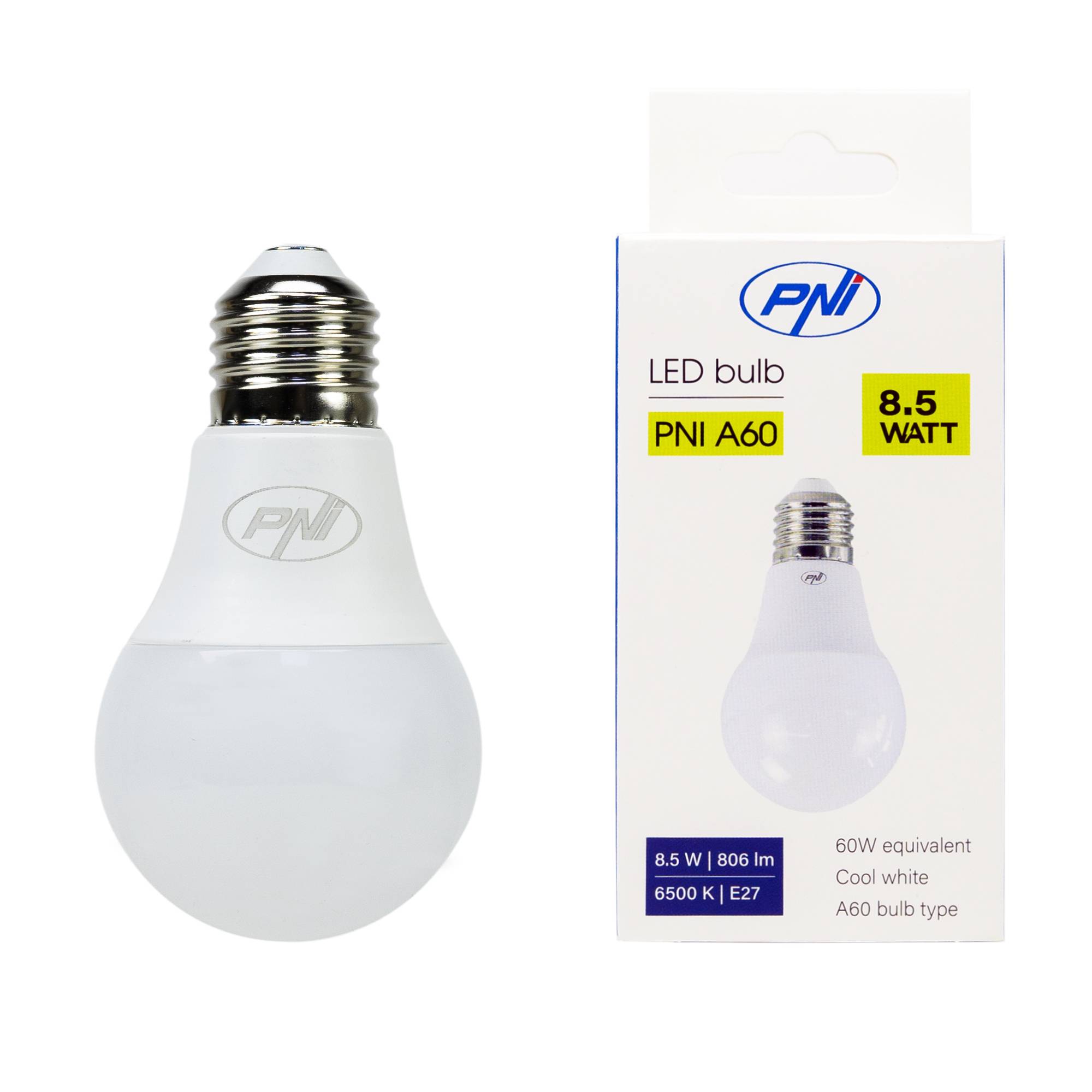 PNI A60 LED-Lampe, 8,5 W, 806 lm, 6500 K, E27-Fassung