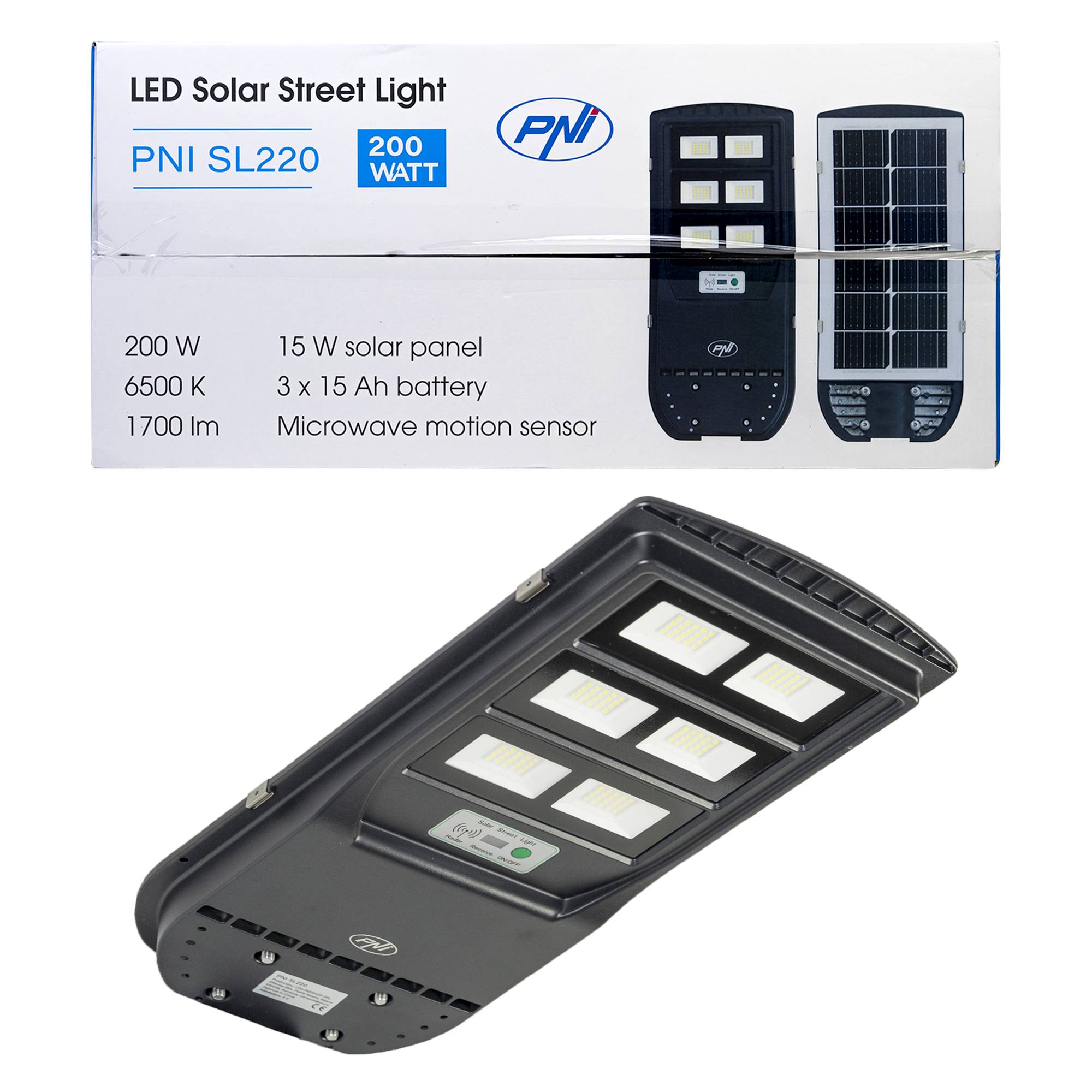 PNI SL220 200-W-Straßenbeleuchtungslampe, mit integriertem 15-W-Solarpanel, 6500 K, 1700 lm, 3 x eingebauter 15-Ah-Batterie