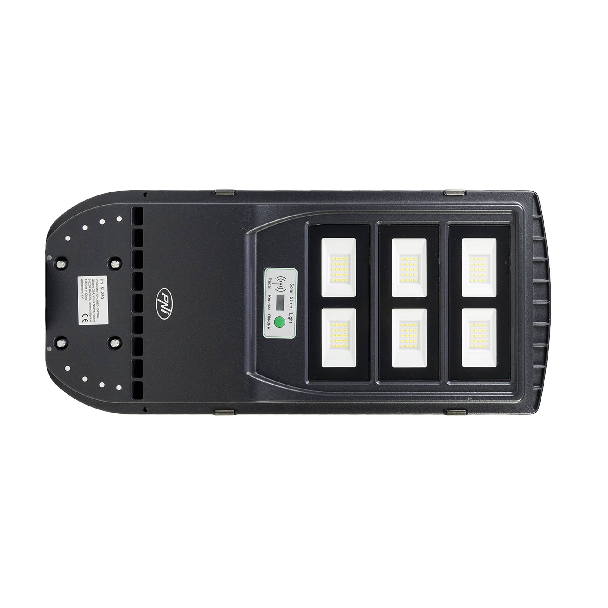 PNI SL220 200-W-Straßenbeleuchtungslampe, mit integriertem 15-W-Solarpanel, 6500 K, 1700 lm, 3 x eingebauter 15-Ah-Batterie