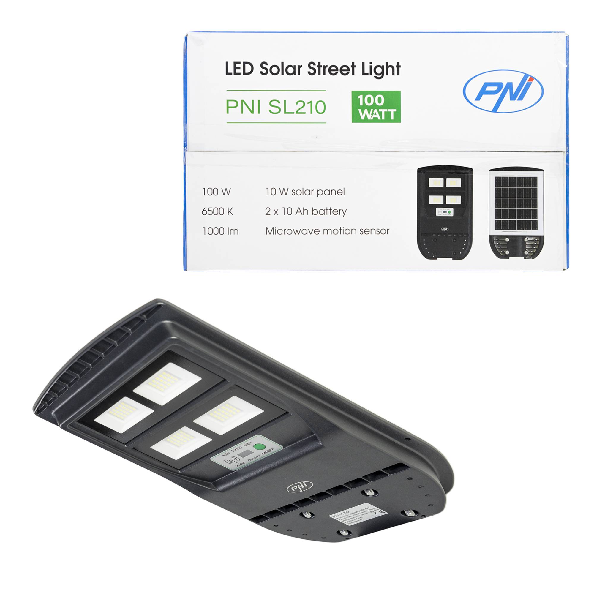 PNI SL210 100-W-Straßenbeleuchtungslampe, mit integriertem 10-W-Solarpanel, 6500 K, 1000 lm, 2 x integrierte 10-Ah-Batterie