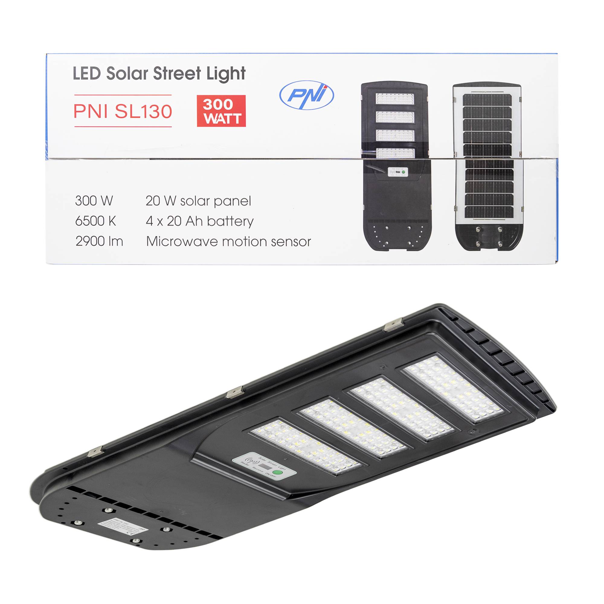 PNI SL130 300-W-Straßenbeleuchtungslampe, mit integriertem 20-W-Solarpanel, 6500 K, 2900 lm, 4 x integrierte 20-Ah-Batterie