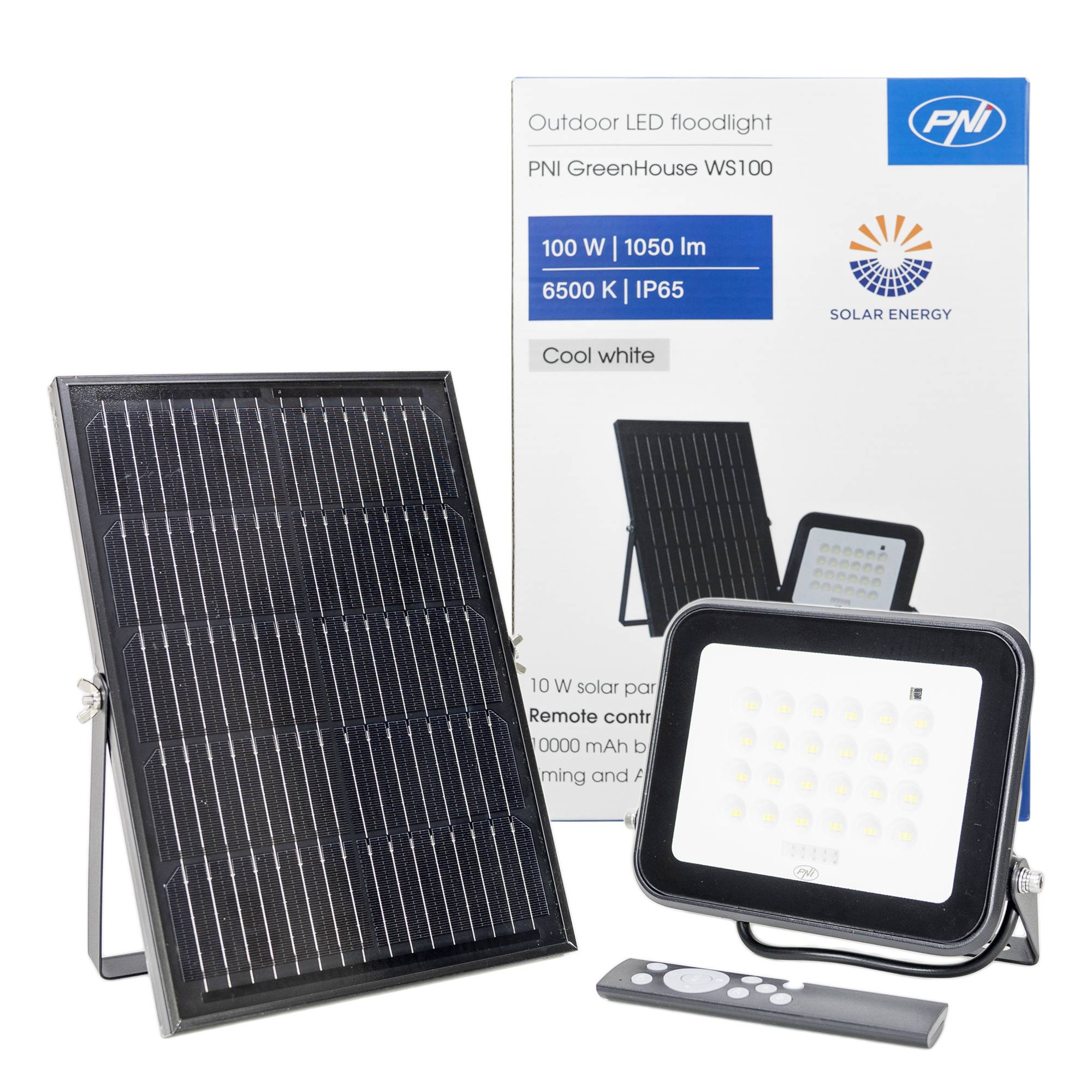 LED-Solarlampe PNI GreenHouse WS10, 100 LEDs, 600 lm, PIR-Winkel 120 Grad, Akku 1800 mAh, Wandmontage