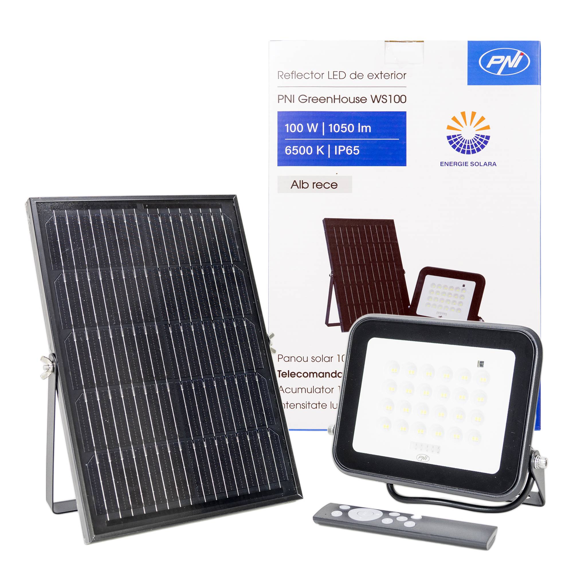 PNI GreenHouse WS100 100 W LED-Reflektor mit Solarpanel, 10000 mAh Akku, Fernbedienung, einstellbares Timing und Helligkeit, 6500 K, IP65