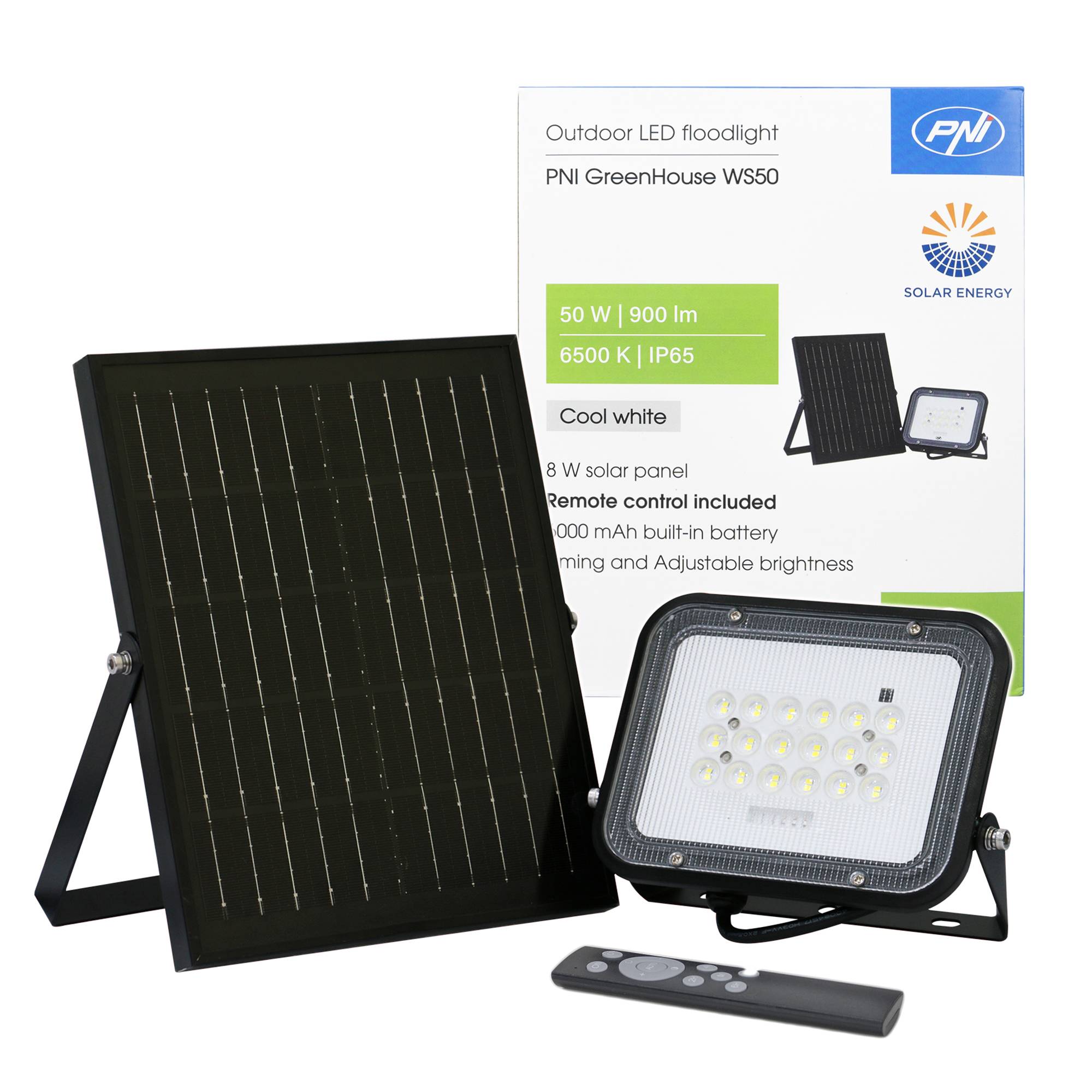 PNI GreenHouse WS50 50 W LED-Reflektor mit Solarpanel, 6000 mAh Akku, Fernbedienung, einstellbares Timing und Helligkeit, 6500 K, IP65