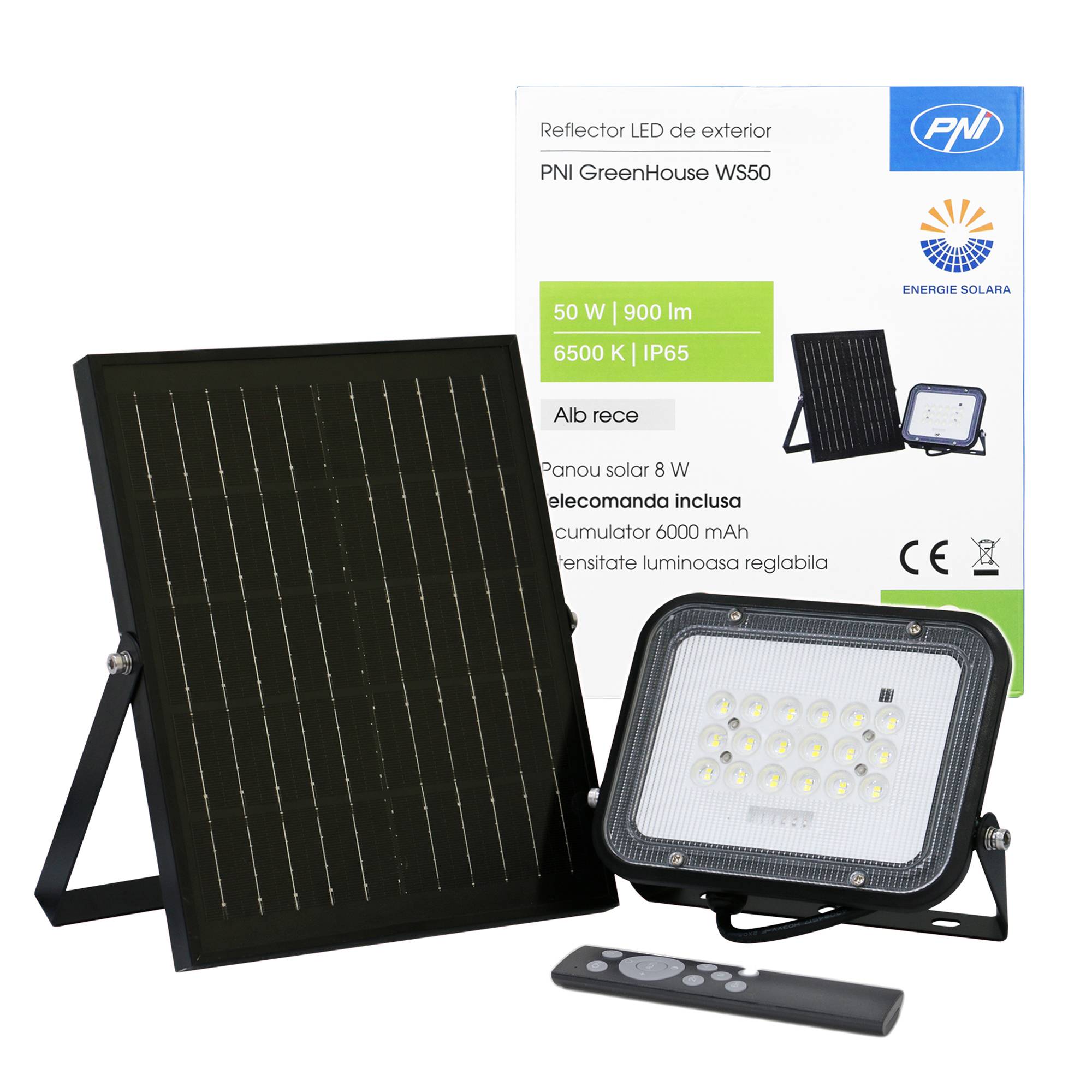 PNI GreenHouse WS50 50 W LED-Reflektor mit Solarpanel, 6000 mAh Akku, Fernbedienung, einstellbares Timing und Helligkeit, 6500 K, IP65