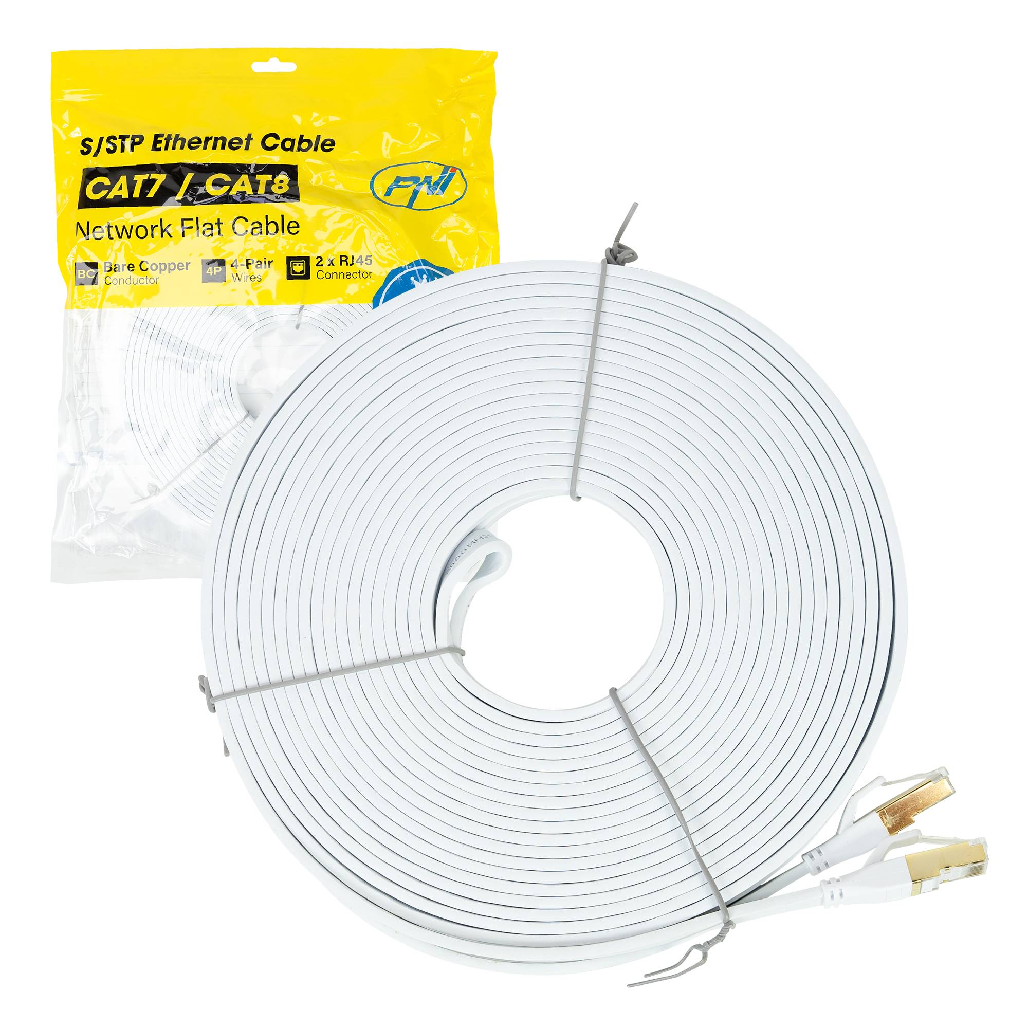 Flaches Netzwerkkabel S/STP CAT8 PNI U8200W, 2 x RJ45, 4 Adernpaare, 28AWG, Kupfer, 40 Gbit/s, 2000 MHz, 20 m, weiß