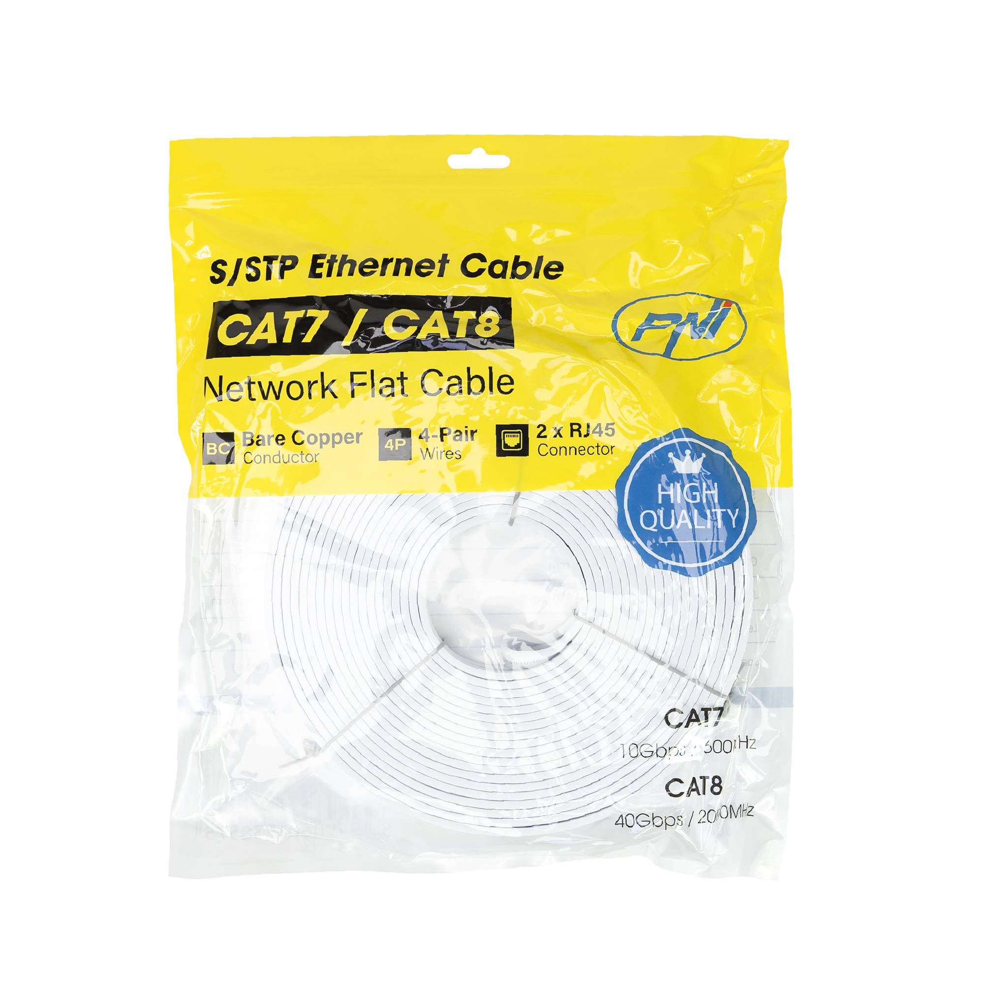 Flaches Netzwerkkabel S/STP CAT8 PNI U8200W, 2 x RJ45, 4 Adernpaare, 28AWG, Kupfer, 40 Gbit/s, 2000 MHz, 20 m, weiß