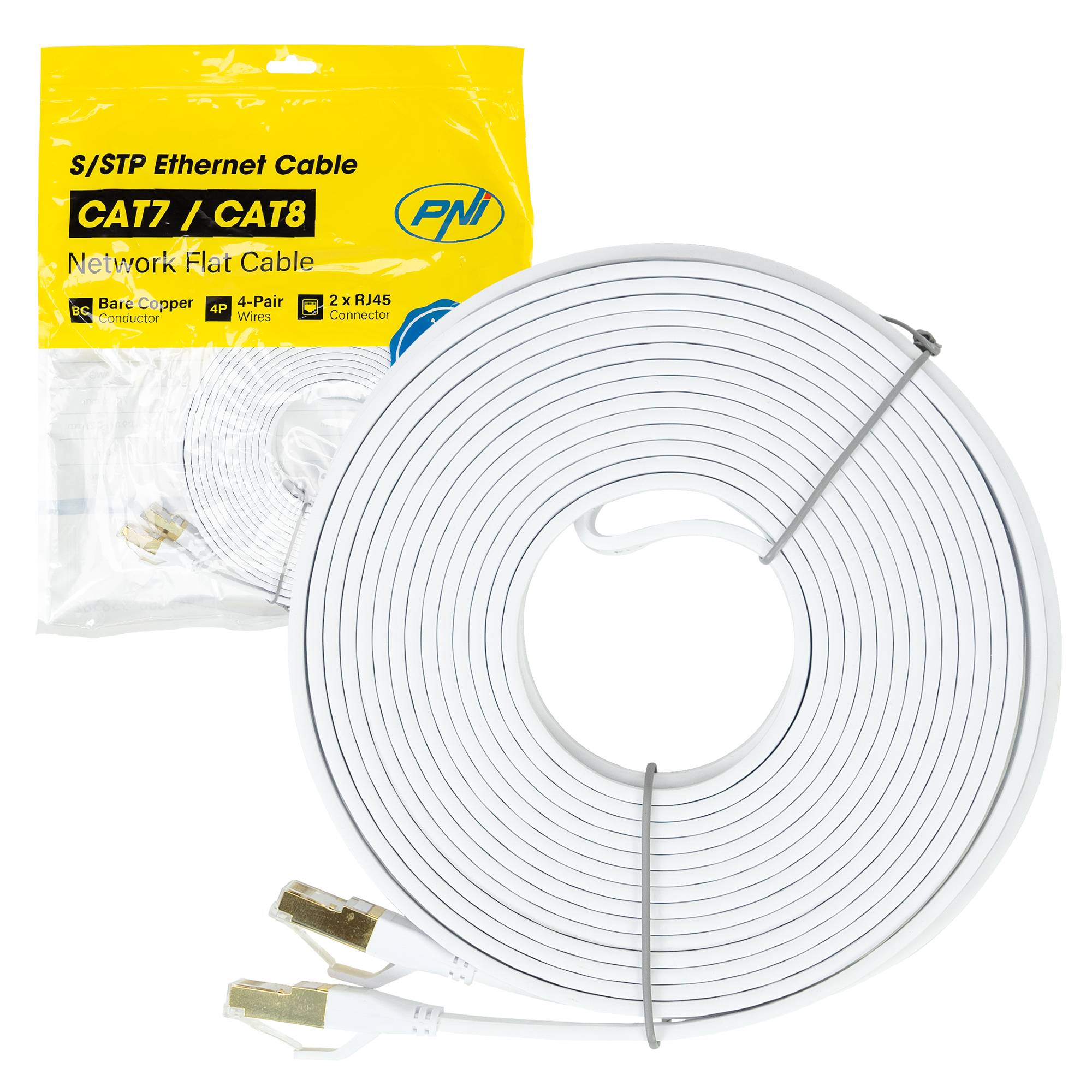 Flaches Netzwerkkabel S/STP CAT8 PNI U8100W, 2 x RJ45, 4 Adernpaare, 28AWG, Kupfer, 40 Gbit/s, 2000 MHz, 10 m, weiß
