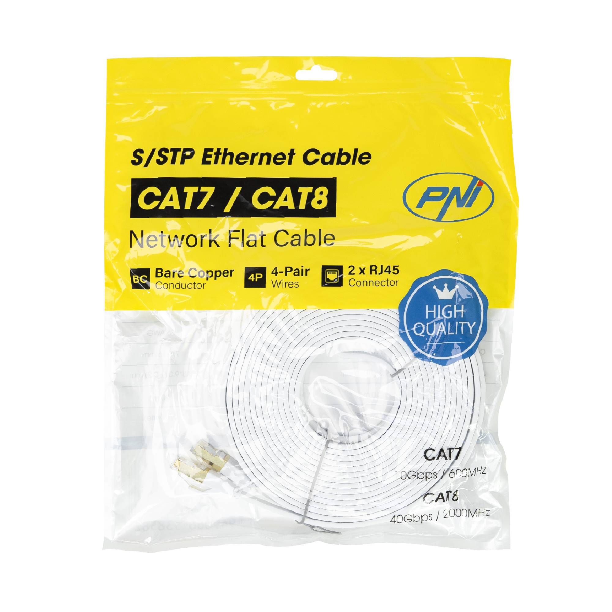 Flaches Netzwerkkabel S/STP CAT8 PNI U8100W, 2 x RJ45, 4 Adernpaare, 28AWG, Kupfer, 40 Gbit/s, 2000 MHz, 10 m, weiß