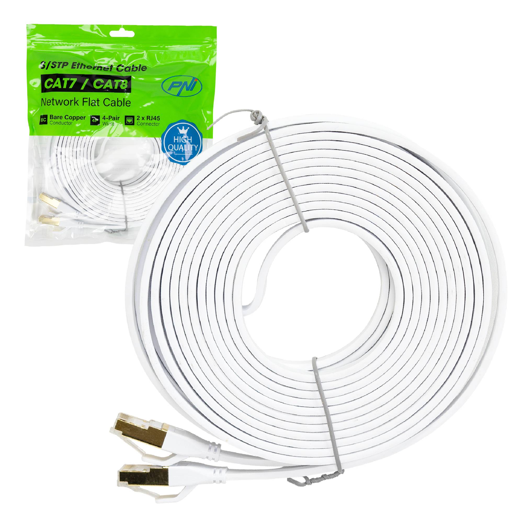 Flaches Netzwerkkabel S/STP CAT8 PNI U8075W, 2 x RJ45, 4 Adernpaare, 28AWG, Kupfer, 40 Gbit/s, 2000 MHz, 7,5 m, weiß