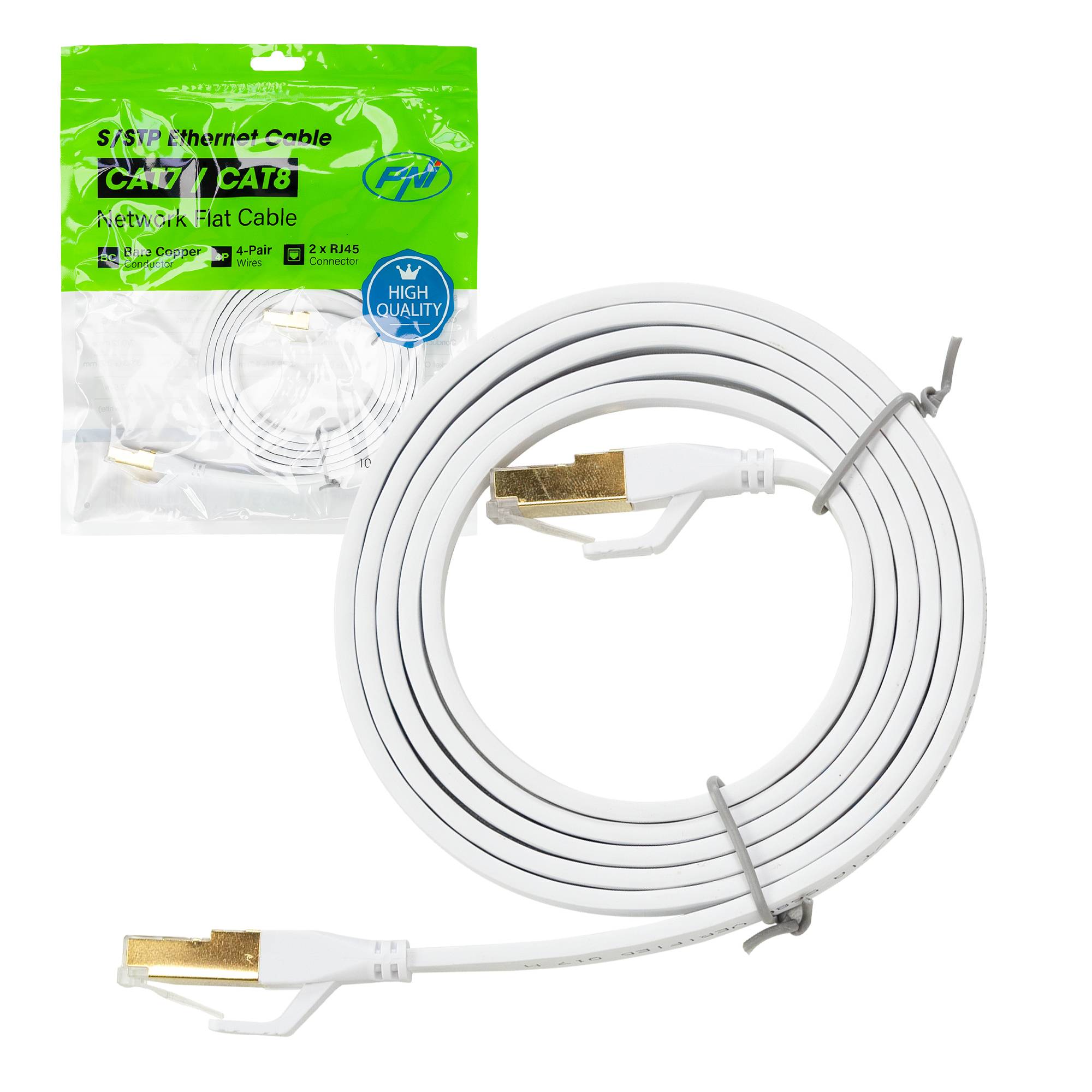Flaches Netzwerkkabel S/STP CAT8 PNI U8015W, Patch, 2 x RJ45, 4 Adernpaare, 28AWG, Kupfer, 40 Gbit/s, 2000 MHz, 1,5 m, weiß
