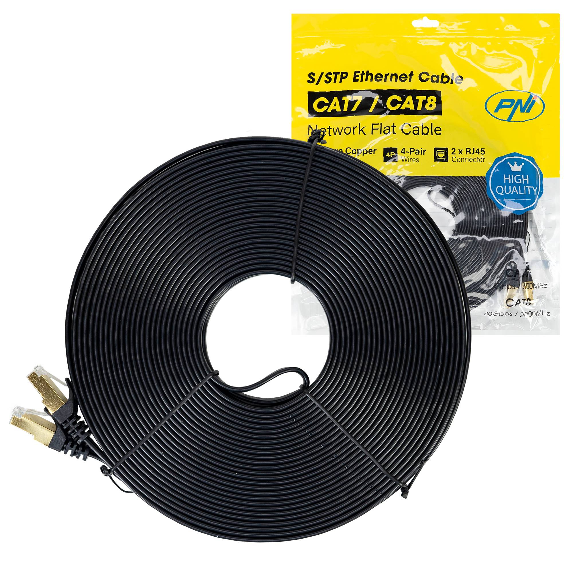 Flaches Netzwerkkabel S/STP CAT7 PNI U7200B, 2 x RJ45, 4 Adernpaare, 32AWG, Kupfer, 10 Gbit/s, 600 MHz, 20 m, schwarz