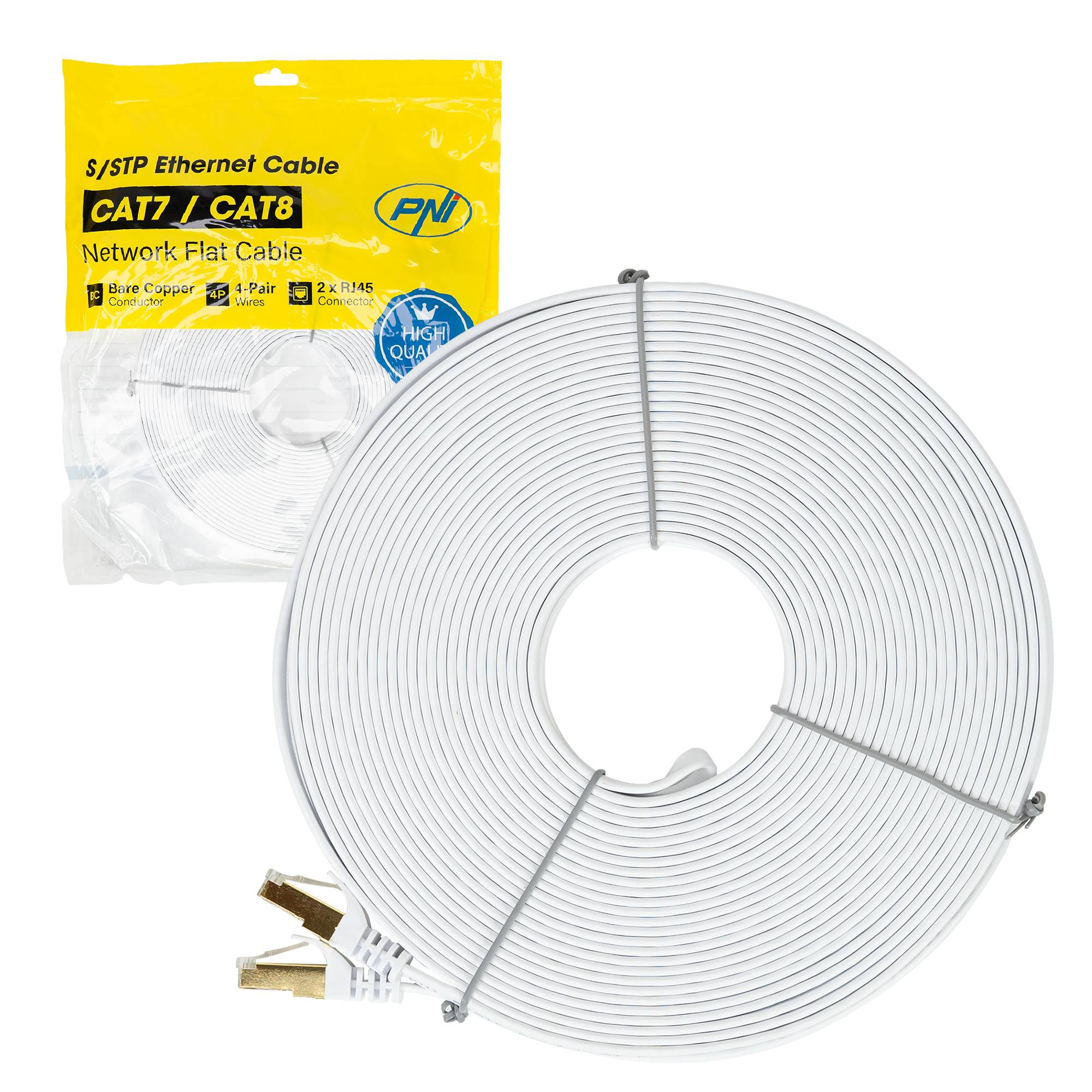 Flaches Netzwerkkabel S/STP CAT7 PNI U7200W, 2 x RJ45, 4 Adernpaare, 32AWG, Kupfer, 10 Gbit/s, 600 MHz, 20 m, weiß
