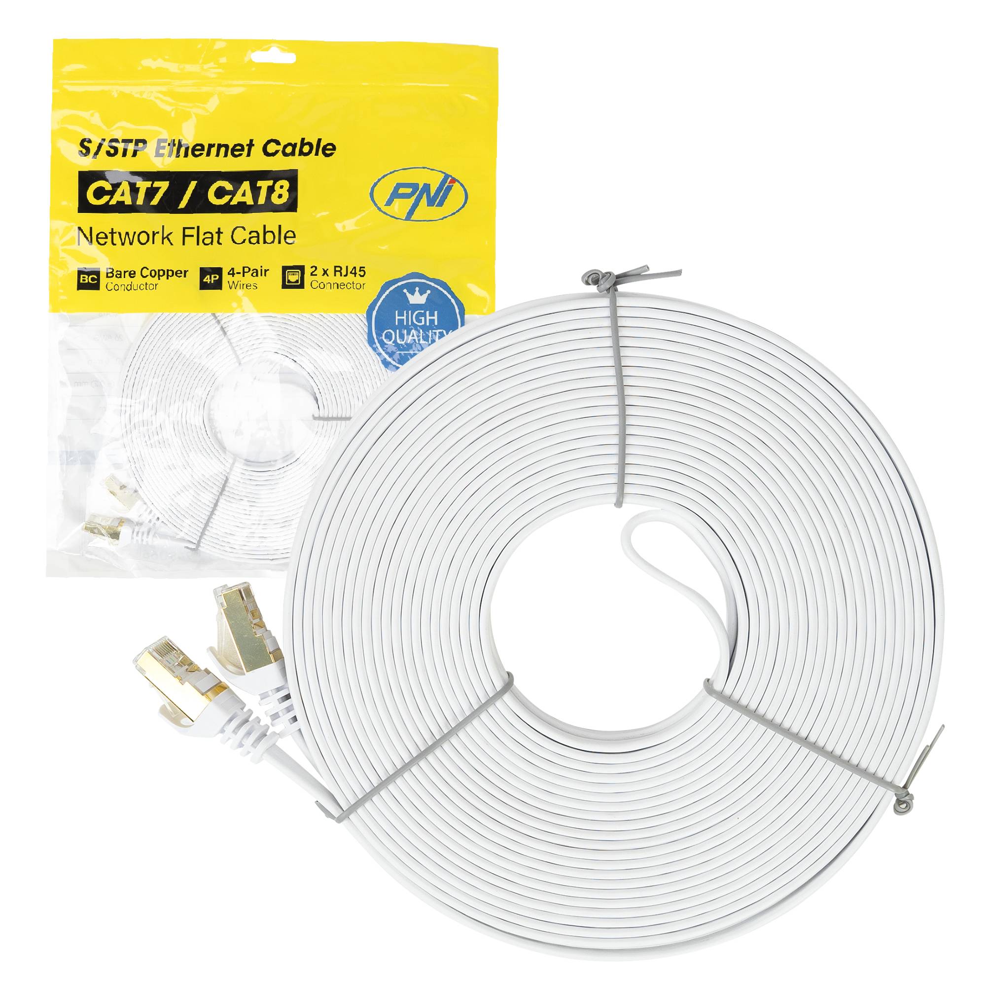 Flaches Netzwerkkabel S/STP CAT7 PNI U7150W, 2 x RJ45, 4 Adernpaare, 32AWG, Kupfer, 10 Gbit/s, 600 MHz, 15 m, weiß