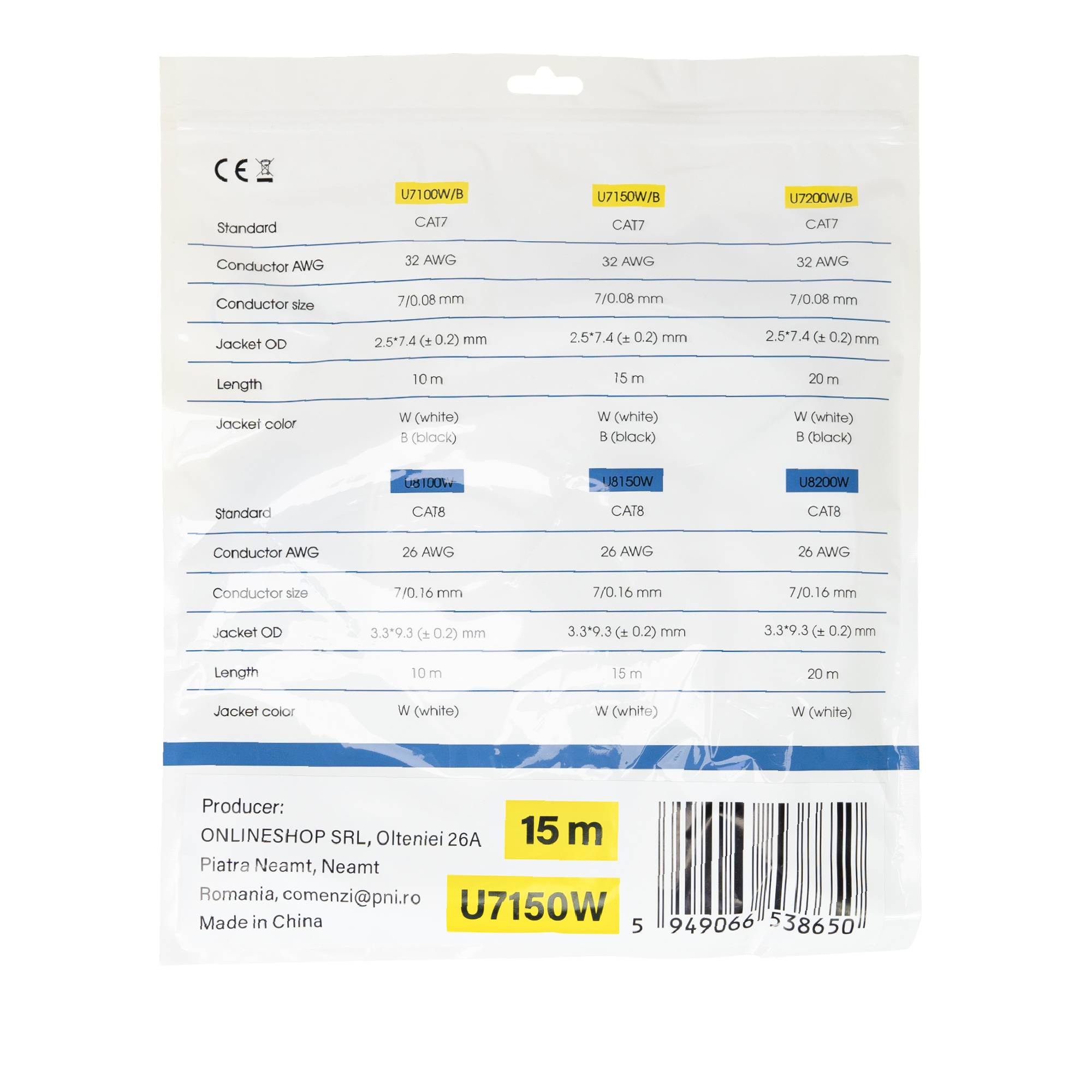 Flaches Netzwerkkabel S/STP CAT7 PNI U7150W, 2 x RJ45, 4 Adernpaare, 32AWG, Kupfer, 10 Gbit/s, 600 MHz, 15 m, weiß
