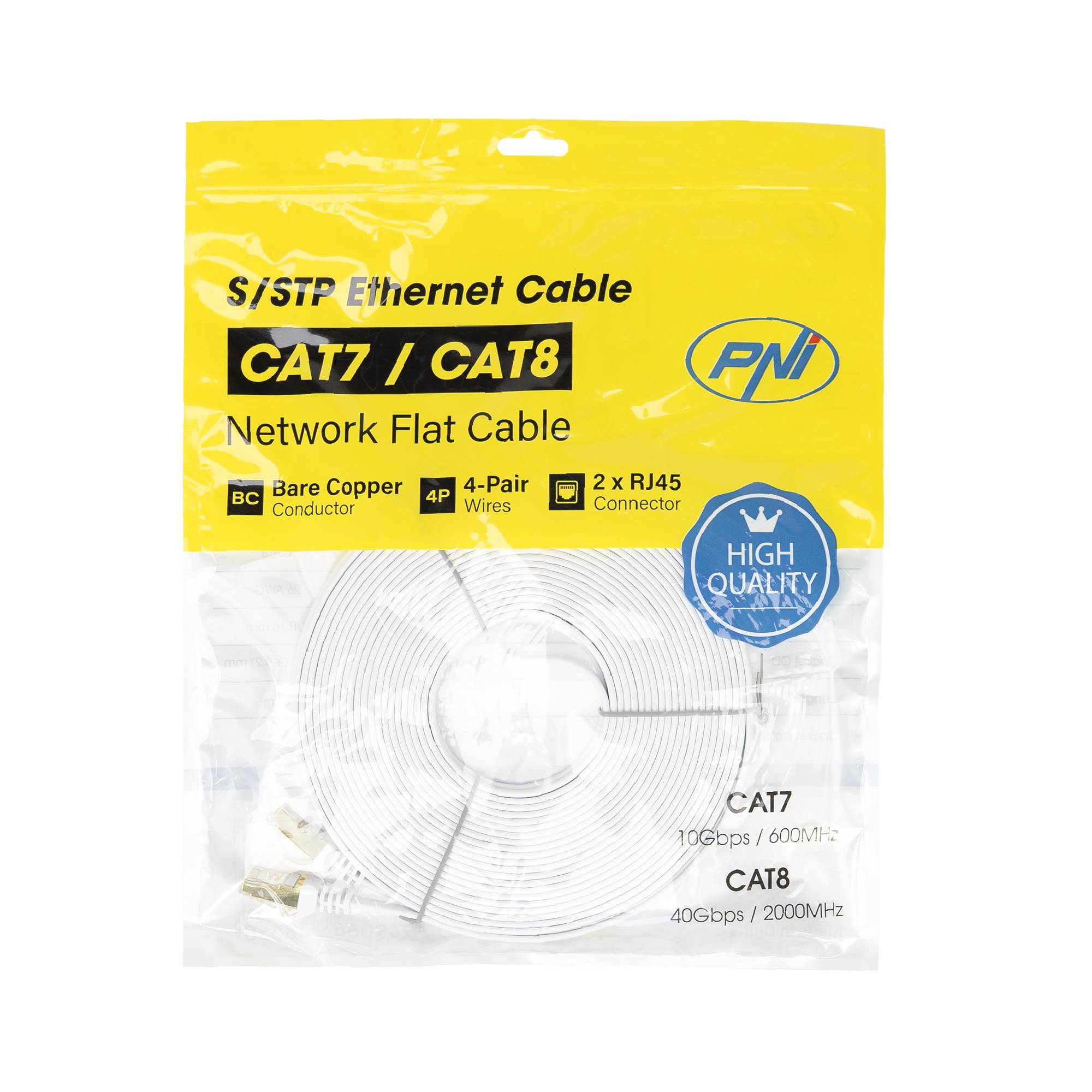 Flaches Netzwerkkabel S/STP CAT7 PNI U7150W, 2 x RJ45, 4 Adernpaare, 32AWG, Kupfer, 10 Gbit/s, 600 MHz, 15 m, weiß