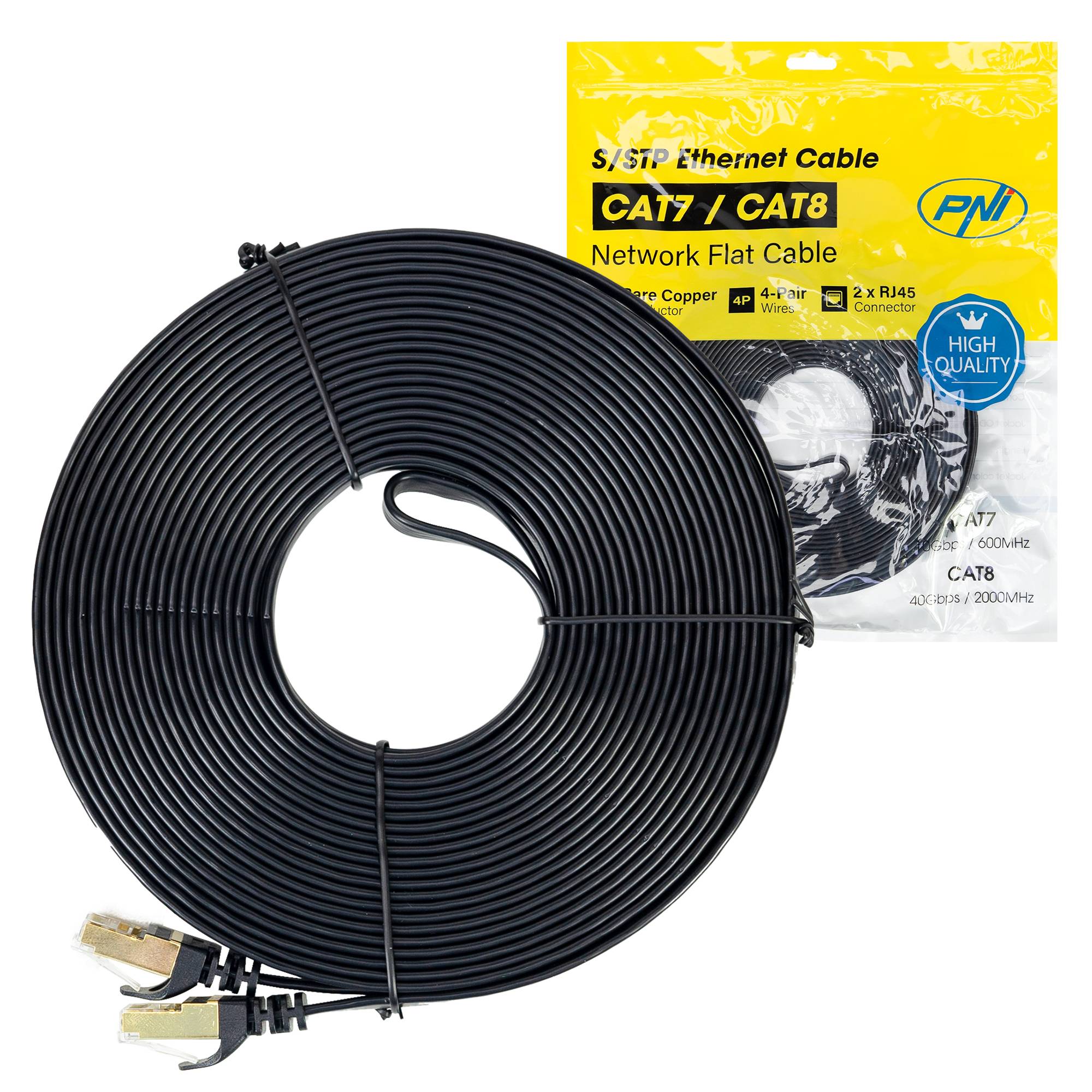 Flaches Netzwerkkabel S/STP CAT7 PNI U7150B, 2 x RJ45, 4 Adernpaare, 32AWG, Kupfer, 10 Gbit/s, 600 MHz, 15 m, schwarz
