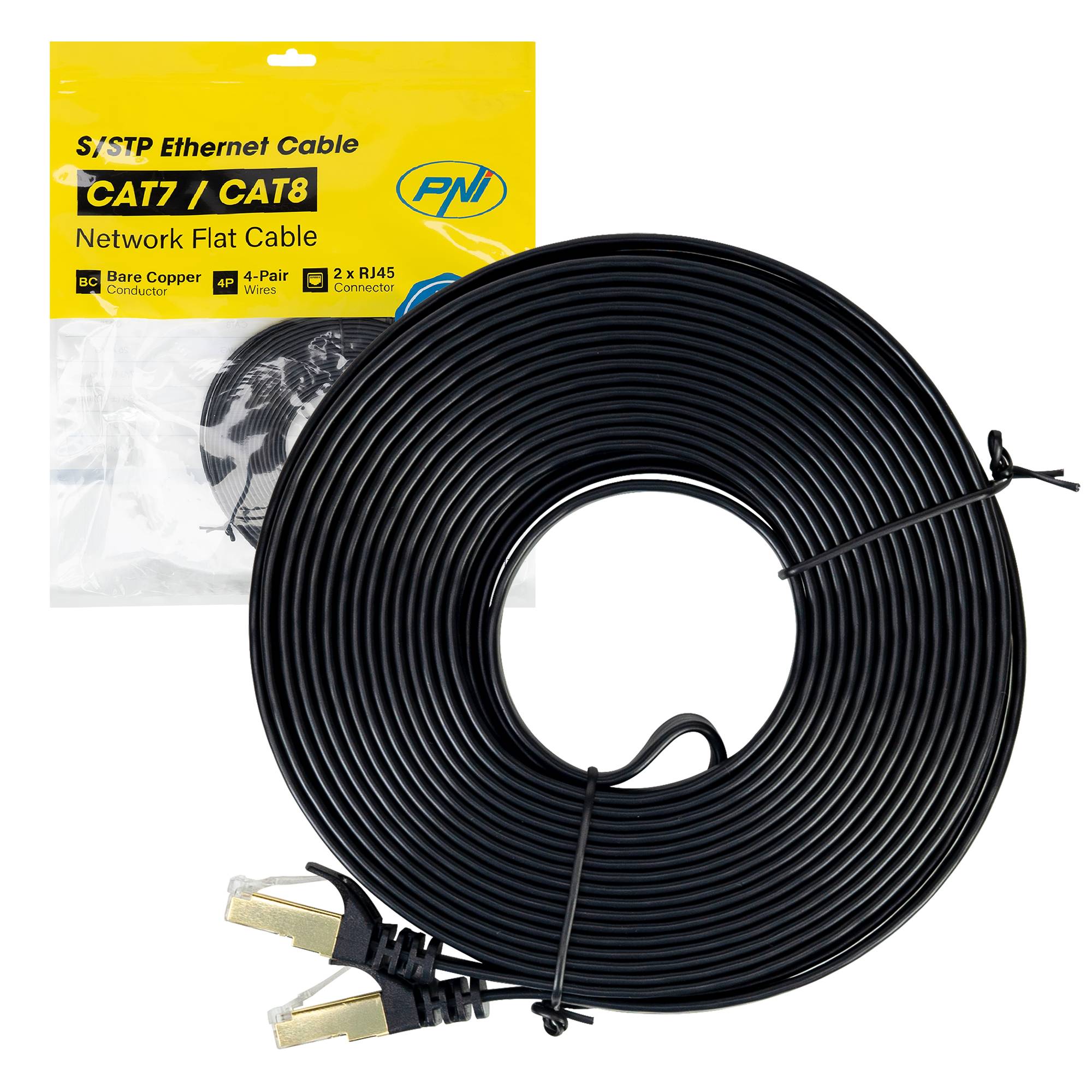 Flaches Netzwerkkabel S/STP CAT7 PNI U7100B, 2 x RJ45, 4 Adernpaare, 32AWG, Kupfer, 10 Gbit/s, 600 MHz, 10 m, schwarz