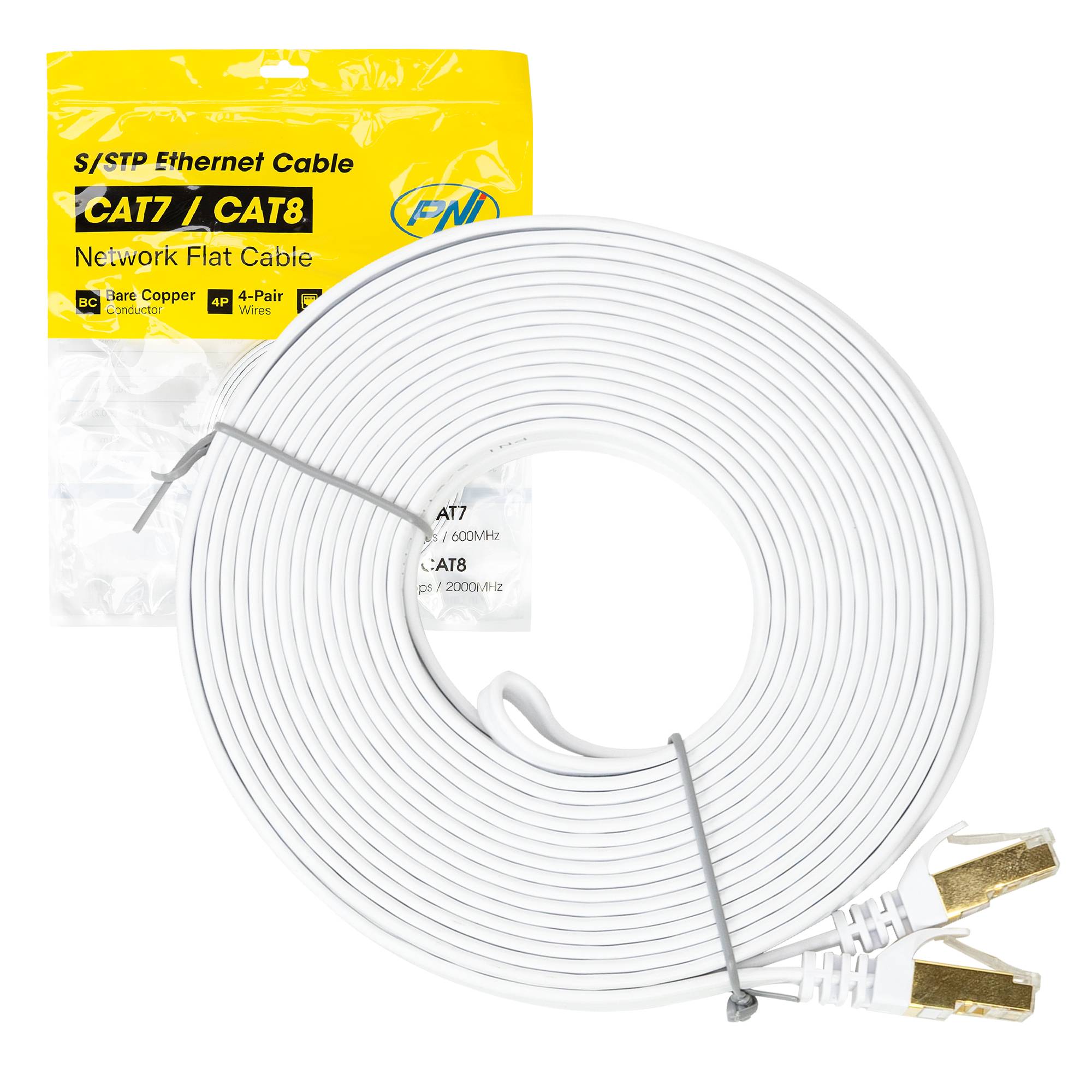 Flaches Netzwerkkabel S/STP CAT7 PNI U7100W, 2 x RJ45, 4 Adernpaare, 32AWG, Kupfer, 10 Gbit/s, 600 MHz, 10 m, weiß