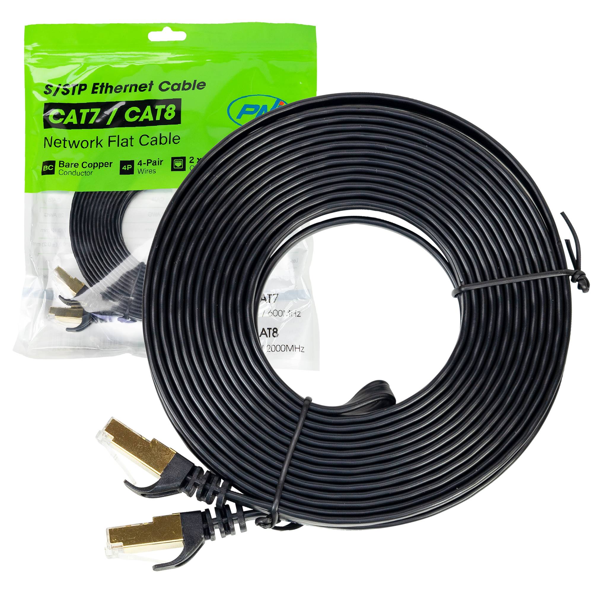 Flaches Netzwerkkabel S/STP CAT7 PNI U7075B, 2 x RJ45, 4 Adernpaare, 32AWG, Kupfer, 10 Gbit/s, 600 MHz, 7,5 m, schwarz