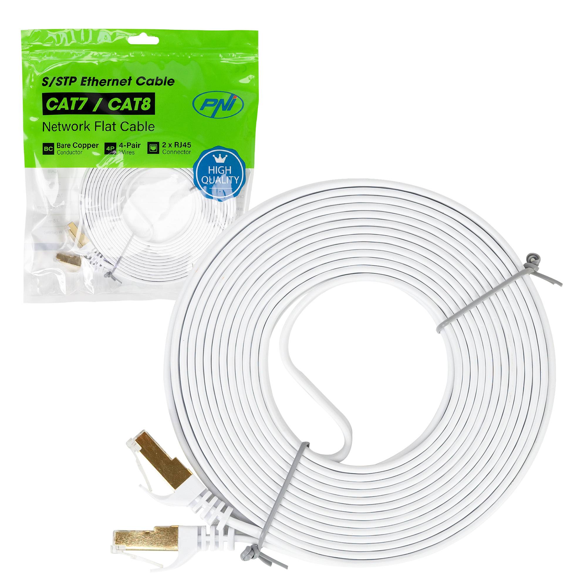 Flaches Netzwerkkabel S/STP CAT7 PNI U7075W, 2 x RJ45, 4 Adernpaare, 32AWG, Kupfer, 10 Gbit/s, 600 MHz, 7,5 m, weiß