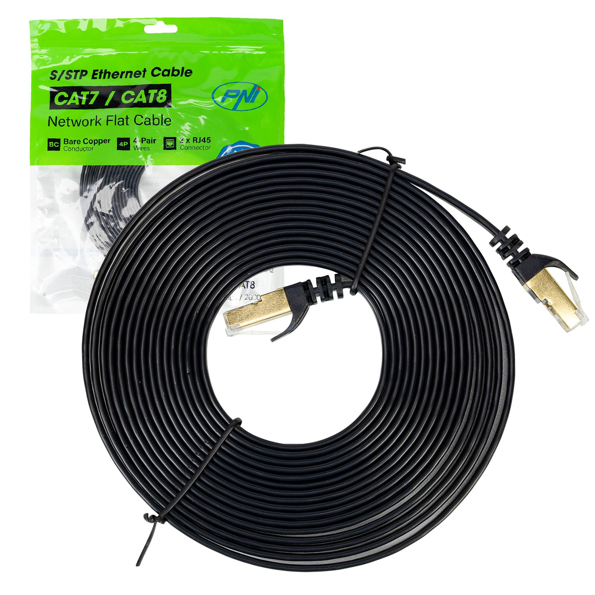 Flaches Netzwerkkabel S/STP CAT7 PNI U7050B, 2 x RJ45, 4 Adernpaare, 32AWG, Kupfer, 10 Gbit/s, 600 MHz, 5 m, schwarz
