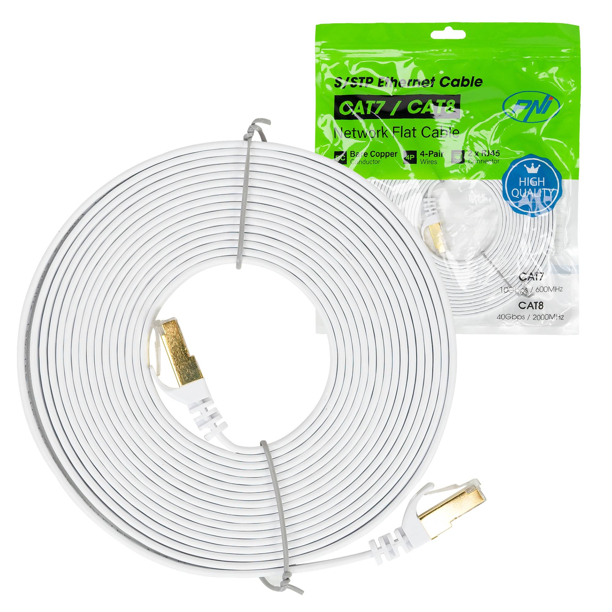 Flaches Netzwerkkabel S/STP CAT7 PNI U7050W, 2 x RJ45, 4 Adernpaare, 32AWG, Kupfer, 10 Gbit/s, 600 MHz, 5 m, weiß