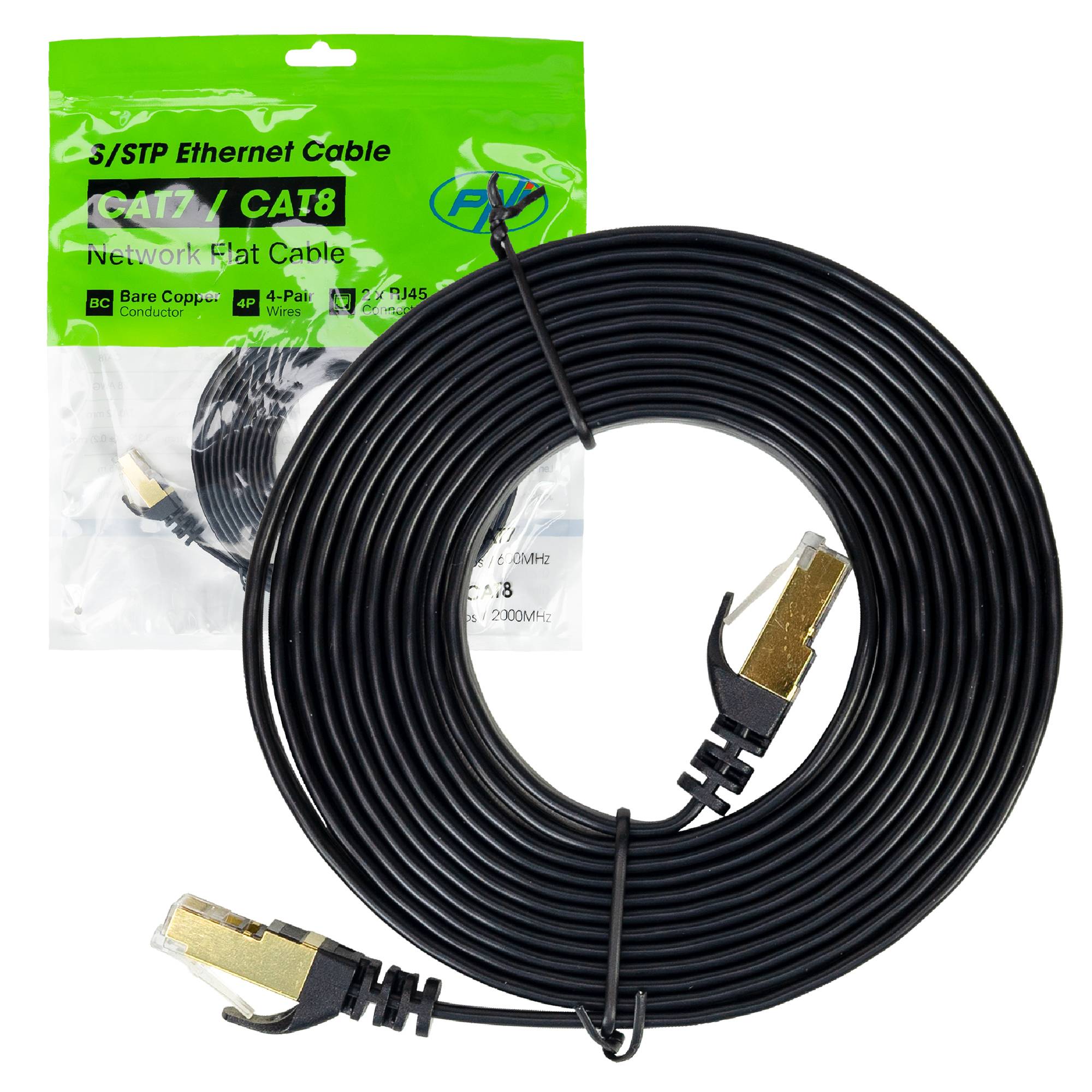 Flaches Netzwerkkabel S/STP CAT7 PNI U7030B, 2 x RJ45, 4 Adernpaare, 32AWG, Kupfer, 10 Gbit/s, 600 MHz, 3 m, schwarz