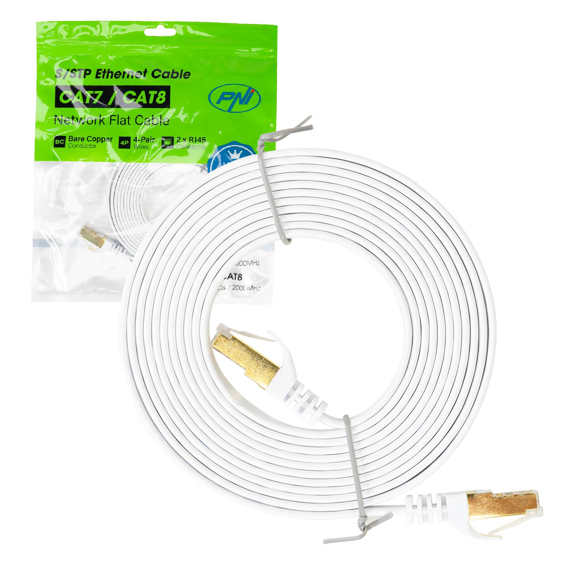 Flaches Netzwerkkabel S/STP CAT7 PNI U7030W, 2 x RJ45, 4 Adernpaare, 32AWG, Kupfer, 10 Gbit/s, 600 MHz, 3 m, weiß