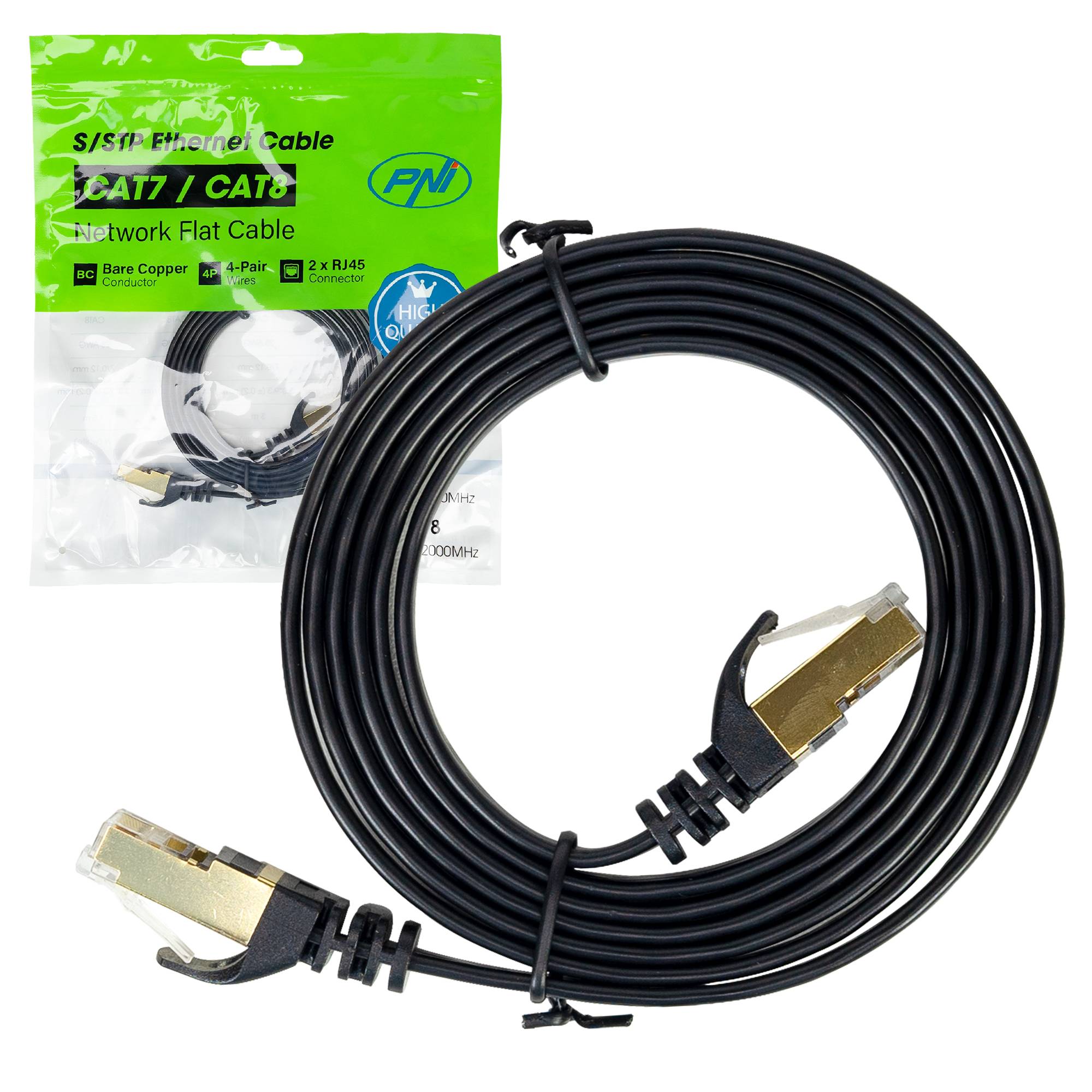 Flaches Netzwerkkabel S/STP CAT7 PNI U7015B, Patch, 2 x RJ45, 4 Adernpaare, 32AWG, Kupfer, 10 Gbit/s, 600 MHz, 1,5 m, schwarz