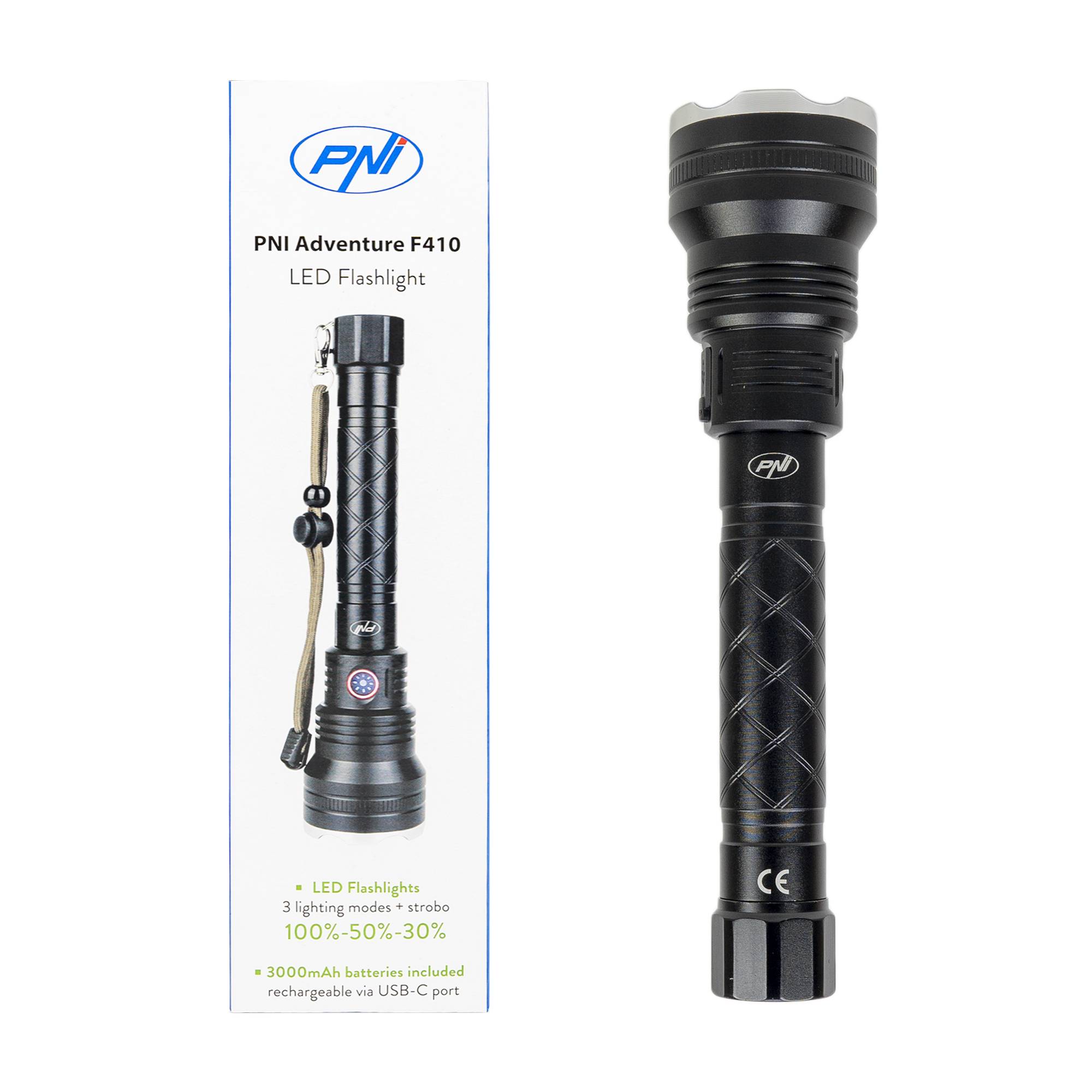 PNI Adventure F410 Aluminium-Taschenlampe, mit 10 W LED, 700 Lumen, bis zu 250 m, IP44, USB Typ C, 3000 mAh Batterien im Lieferumfang enthalten