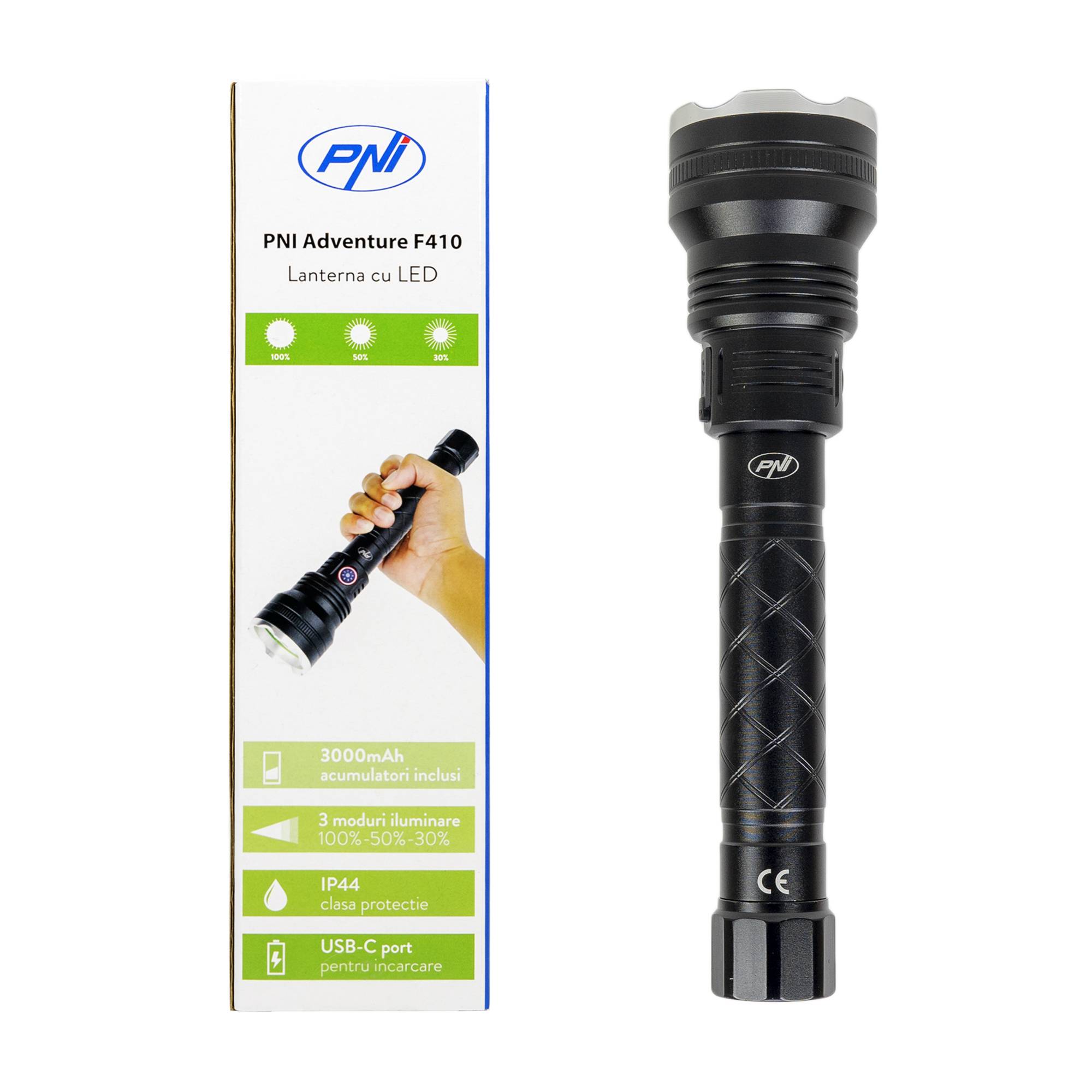 PNI Adventure F410 Aluminium-Taschenlampe, mit 10 W LED, 700 Lumen, bis zu 250 m, IP44, USB Typ C, 3000 mAh Batterien im Lieferumfang enthalten