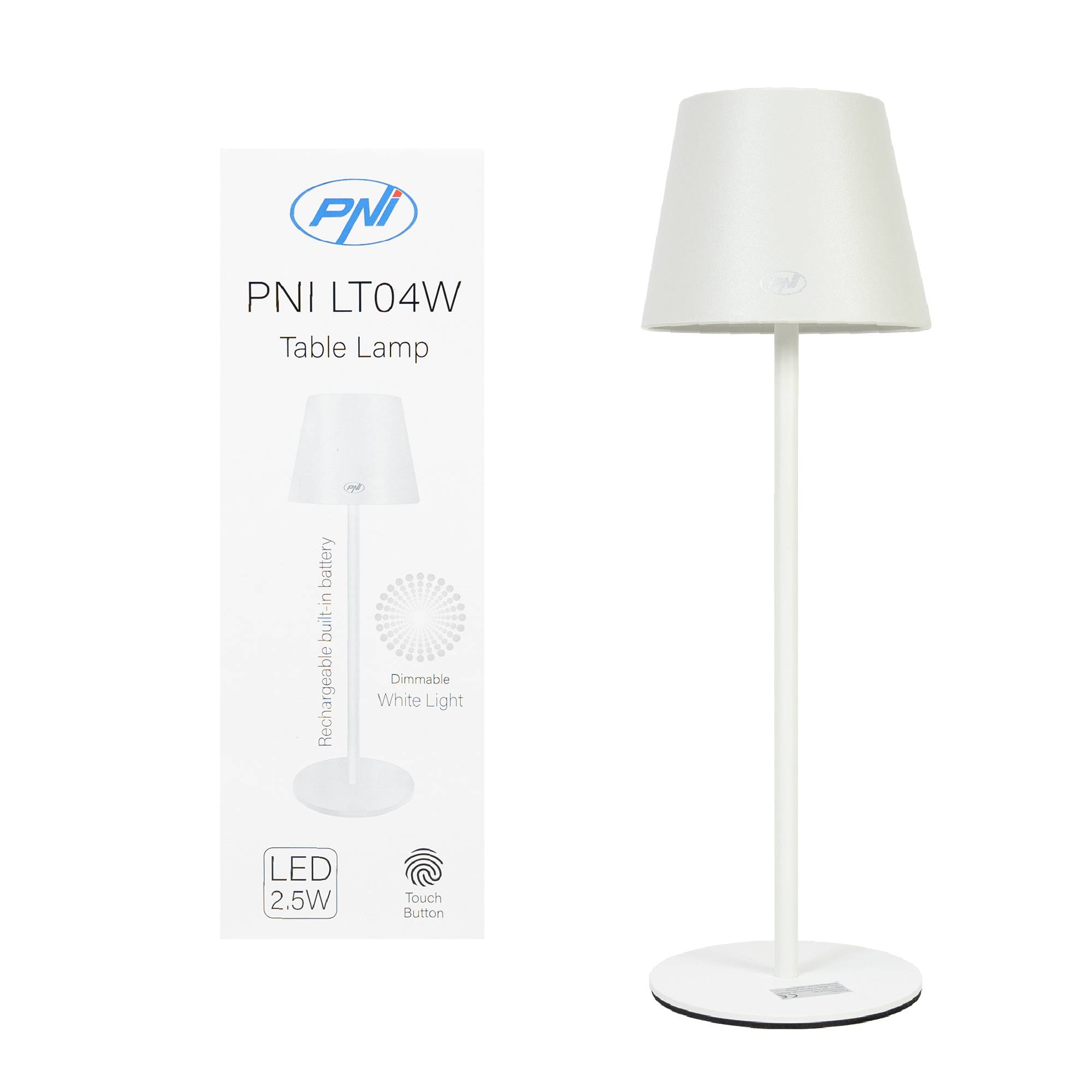 PNI LTW04 Tischleuchte mit LED 2,5 W, Akku 1200 mAh, Aufladung über USB-C, 150 Lumen, warmweißes Licht 3000 K, Farbe Weiß