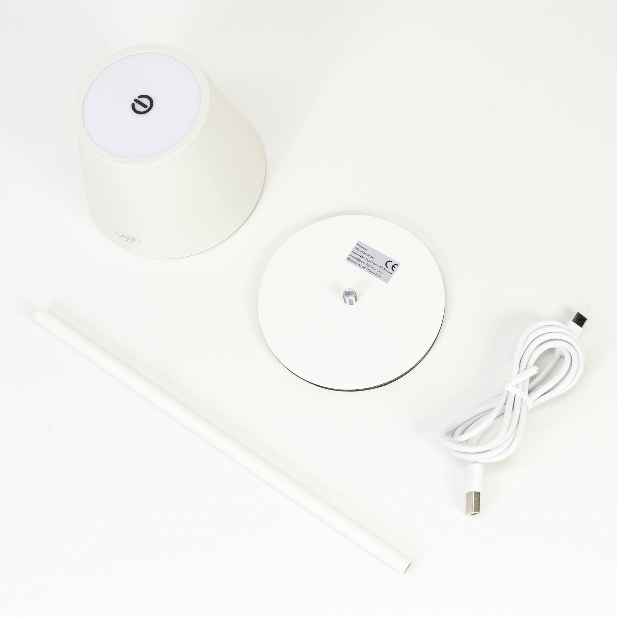 PNI LTW04 Tischleuchte mit LED 2,5 W, Akku 1200 mAh, Aufladung über USB-C, 150 Lumen, warmweißes Licht 3000 K, Farbe Weiß