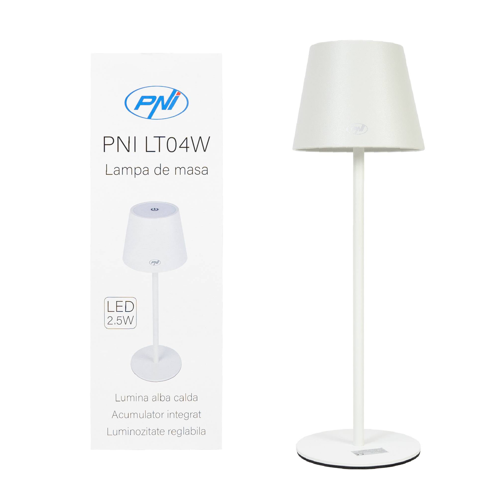 PNI LTW04 Tischleuchte mit LED 2,5 W, Akku 1200 mAh, Aufladung über USB-C, 150 Lumen, warmweißes Licht 3000 K, Farbe Weiß