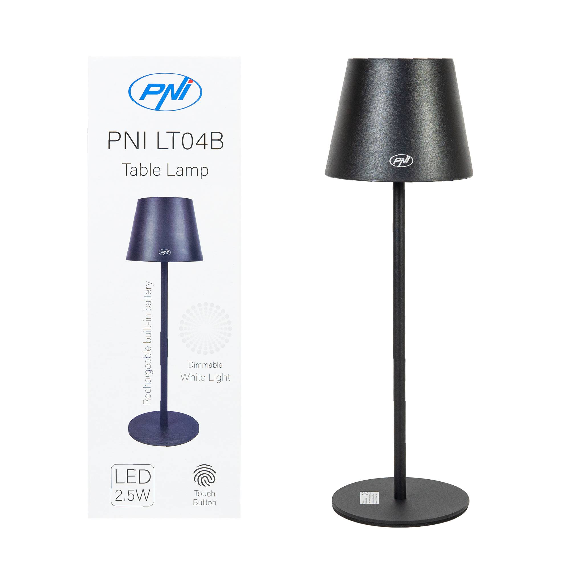 PNI LTB04 Tischleuchte mit LED 2,5 W, Akku 1200 mAh, Aufladung über USB-C, 150 Lumen, warmweißes Licht 3000 K, Farbe Schwarz