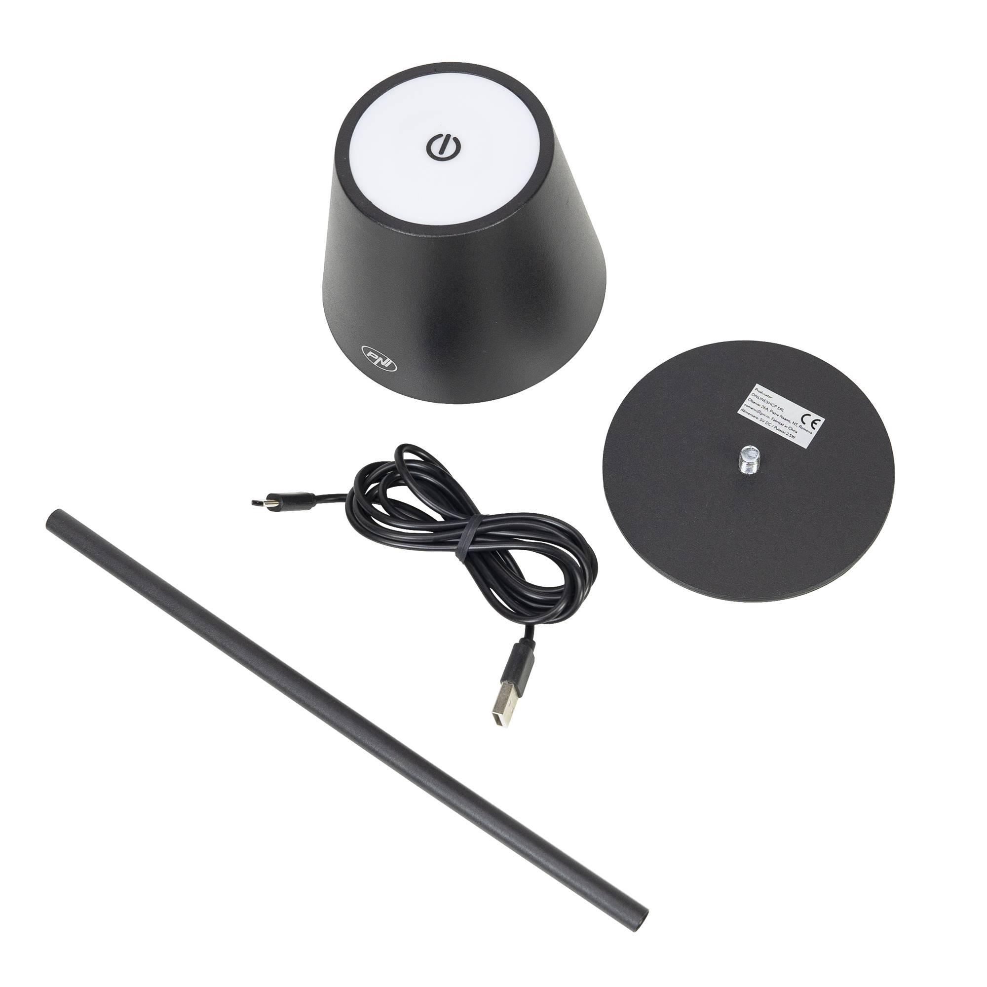 PNI LTB04 Tischleuchte mit LED 2,5 W, Akku 1200 mAh, Aufladung über USB-C, 150 Lumen, warmweißes Licht 3000 K, Farbe Schwarz
