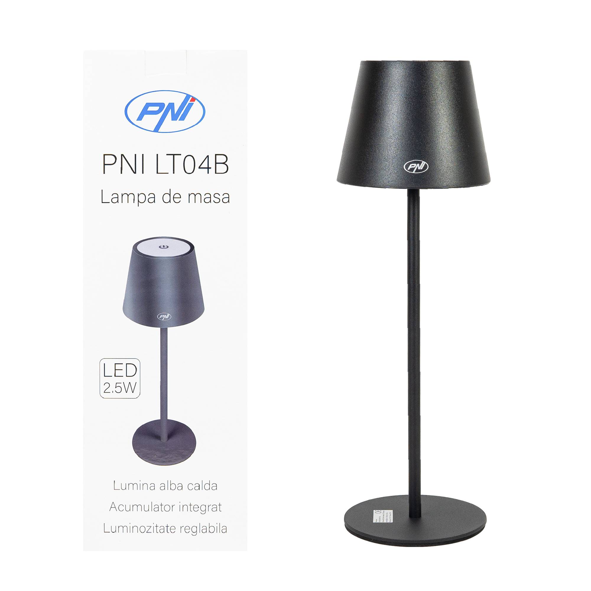 PNI LTB04 Tischleuchte mit LED 2,5 W, Akku 1200 mAh, Aufladung über USB-C, 150 Lumen, warmweißes Licht 3000 K, Farbe Schwarz