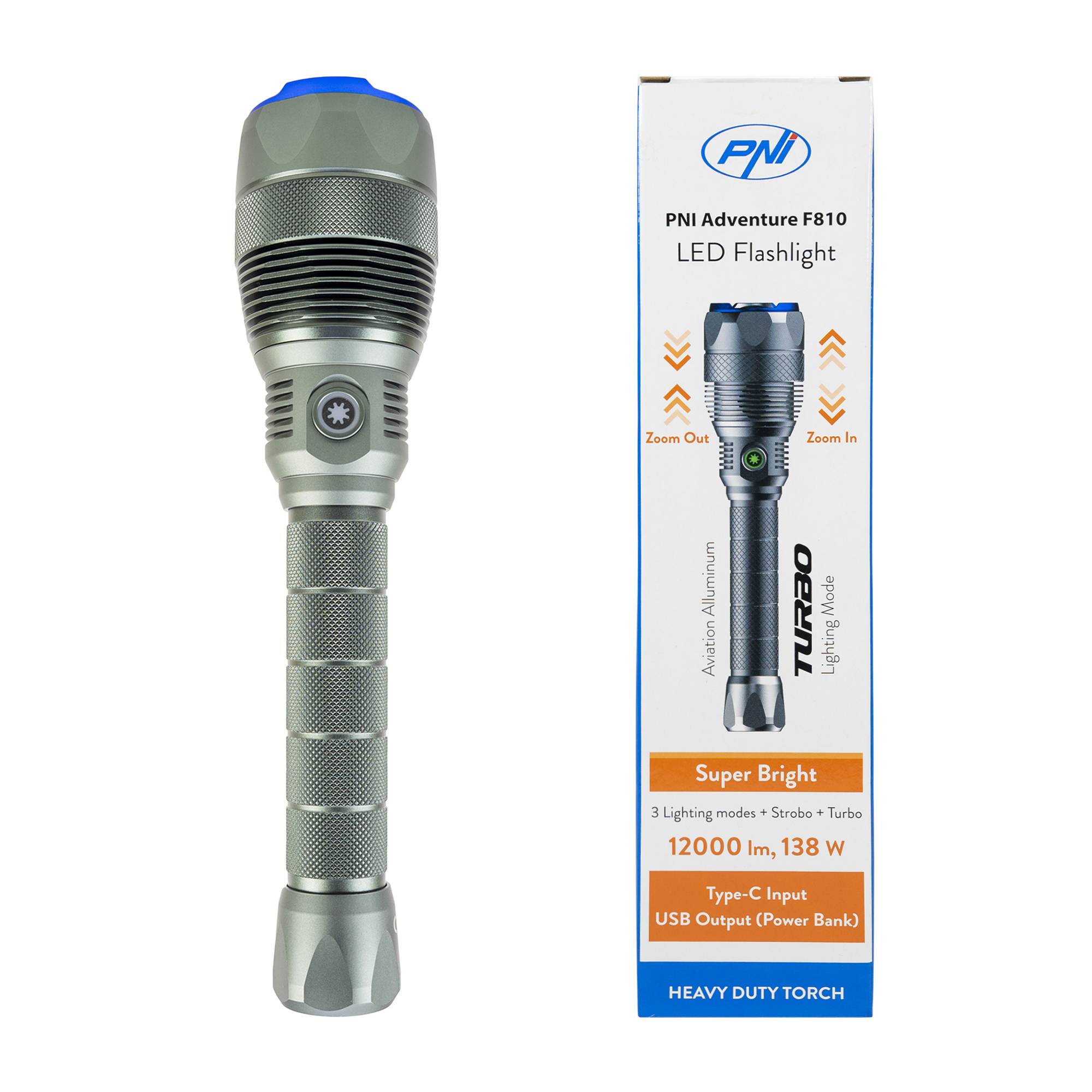 PNI Adventure F810 Taschenlampe mit LED 138 W, 3 Leuchtstufen plus Turbo, 12000 Lumen, Zoom, bis zu 250 m, 5000 mAh Akku, IPX7, Power Bank Funktion