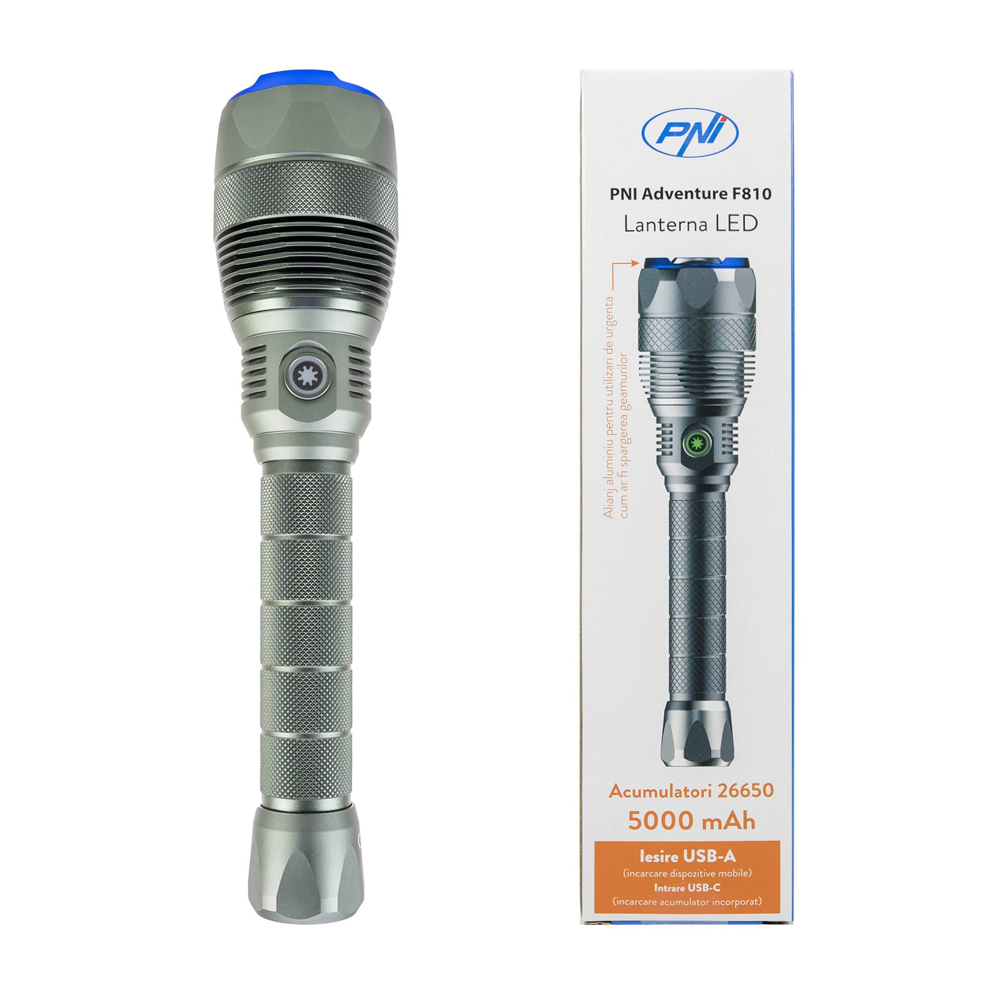 PNI Adventure F810 Taschenlampe mit LED 138 W, 3 Leuchtstufen plus Turbo, 12000 Lumen, Zoom, bis zu 250 m, 5000 mAh Akku, IPX7, Power Bank Funktion