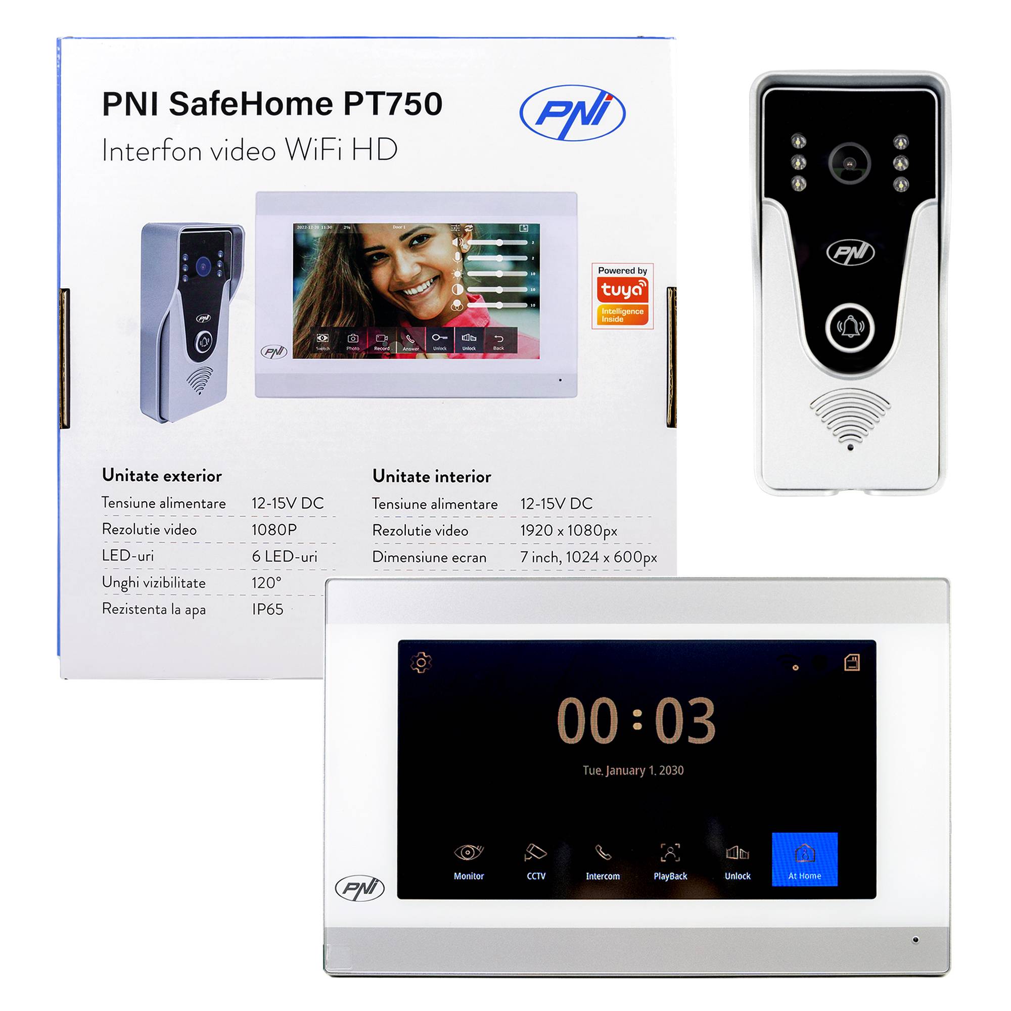 PNI SafeHome PT750 WiFi Smart Video-Gegensprechanlage, Full HD 2MP 1080P Auflösung, P2P, Innenmonitor, dedizierte Tuya Smart-Anwendung, Integration