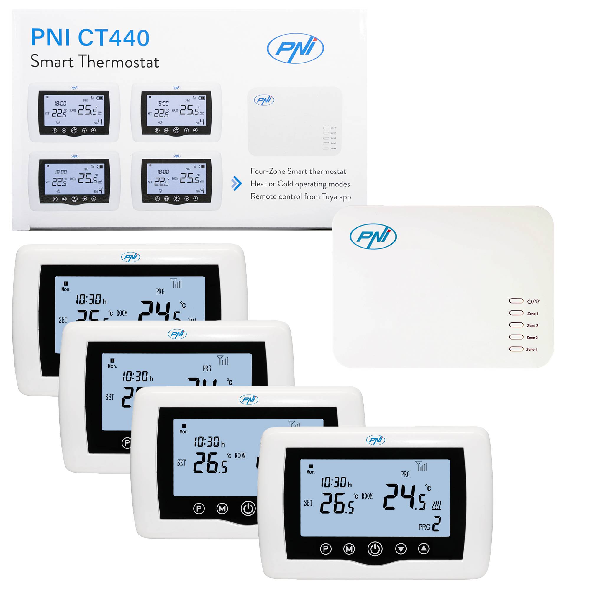 Smarter Thermostat PNI CT440 kabellos, mit WiFi, Steuerung von 4 Zonen über das Internet, für Heizanlagen, Pumpen, Magnetventile, TuyaSmart APP